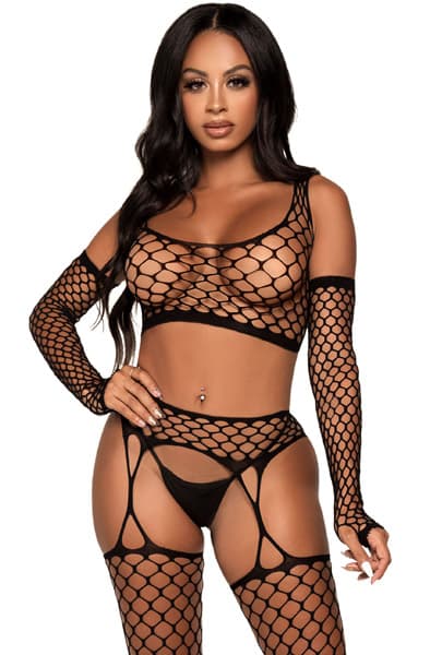 Crop Top Stockings & Gloves Black O/S Bodystocking