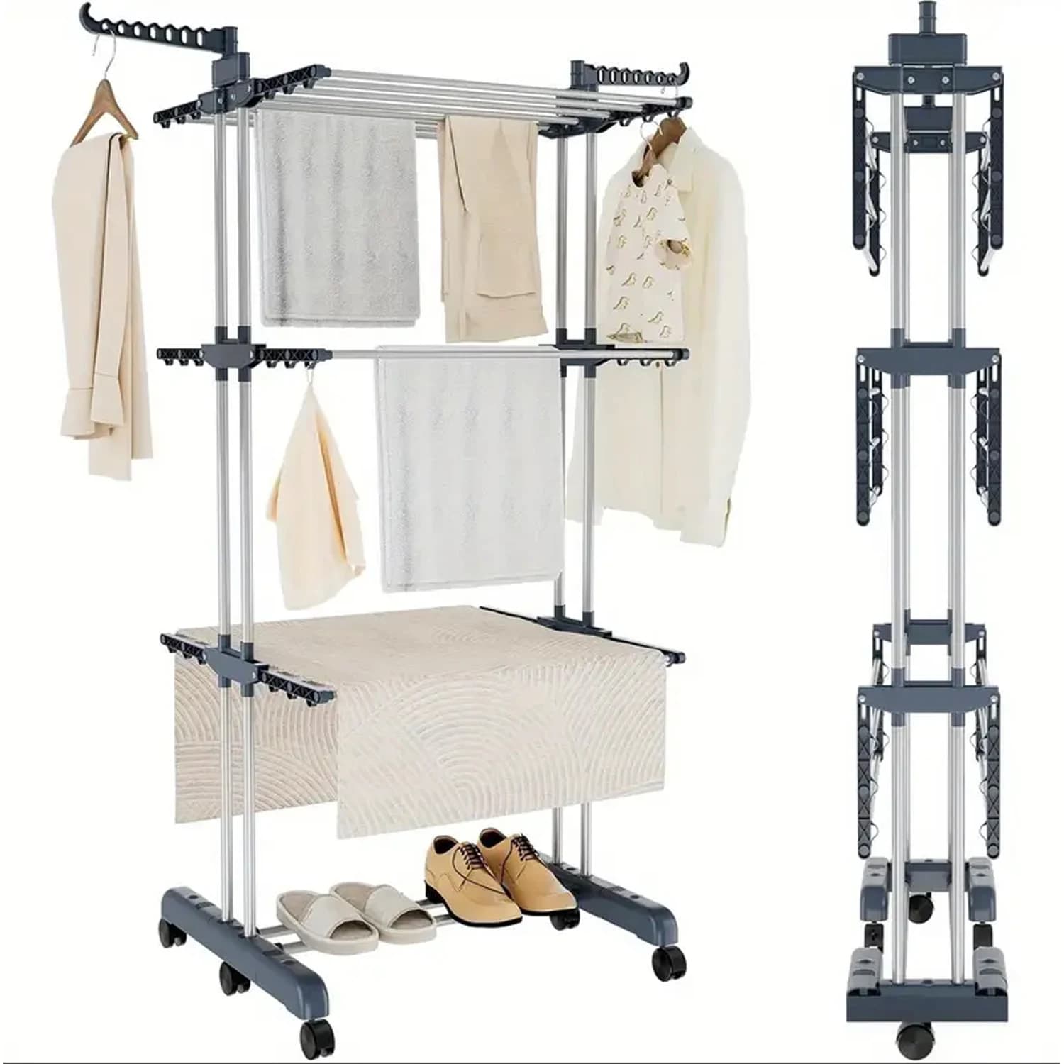Airer Clothes Drying Rack,3-Tier Foldable Clothes Hanger Adjustable Large Garment Laundry Racks for Indoor Outdoor