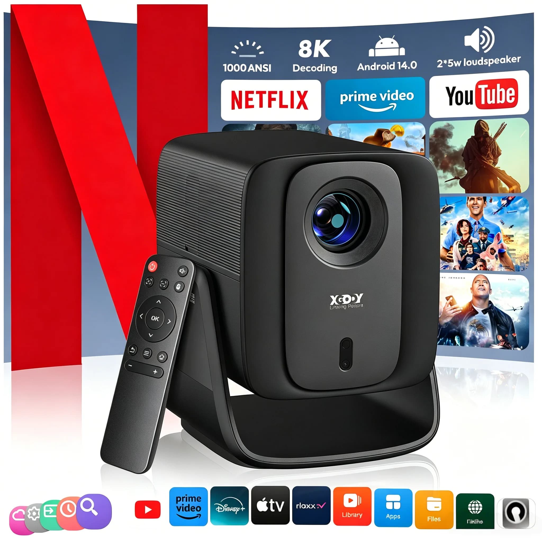 1000 ANSI XGODY Gimbal A7 Cine 8K/4K Beamer Android 14 Smart projector Native 1080P Autofocus Trapezoidal Correction Full HD HDR10 Dolby Audio