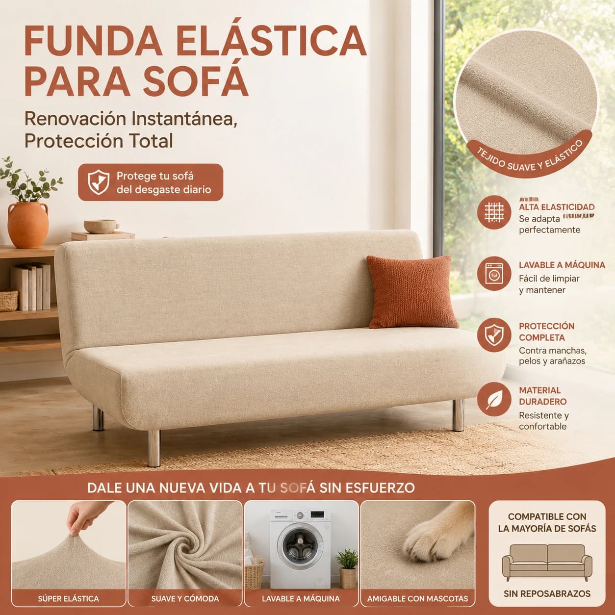 Elastic Cover for Armless Sofa Bed 180-200cm, Resistant Fabric, Protects Against Pet Hair Stains, Machine Washable, Easy Assembly in 4 Steps, Non-Slip