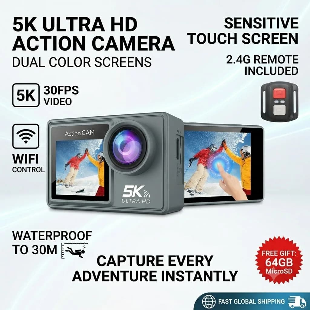 ILUKA 5K/1080P Dual Screen Action Camera-Waterproof Wide-Angle Sport Cam with WiFi Remote Control for Outdoor Video Recording