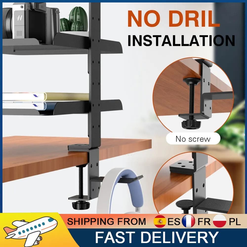 3 Tier Clamp On Desk Shelf Adjustable Carbon Steel Fits Desk Up To 5cm Thickness Hanging Desk Organizer Tray Total 6kg Load Capacity Laptop & Charger