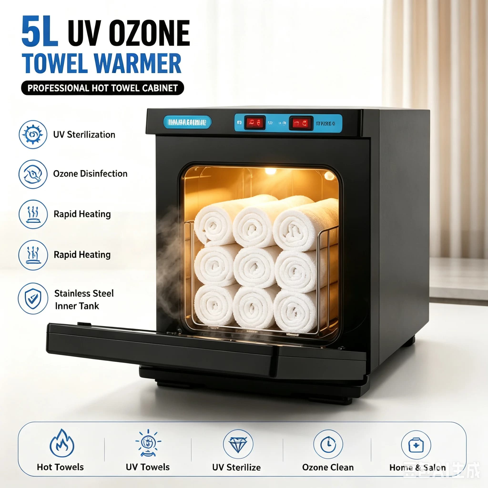 5L UV Ozone Towel Warmer Disinfection Cabinet, Stainless Steel Liner Hot Towel Heater for Barber Shop, Nail Salon, Spa & Household Use
