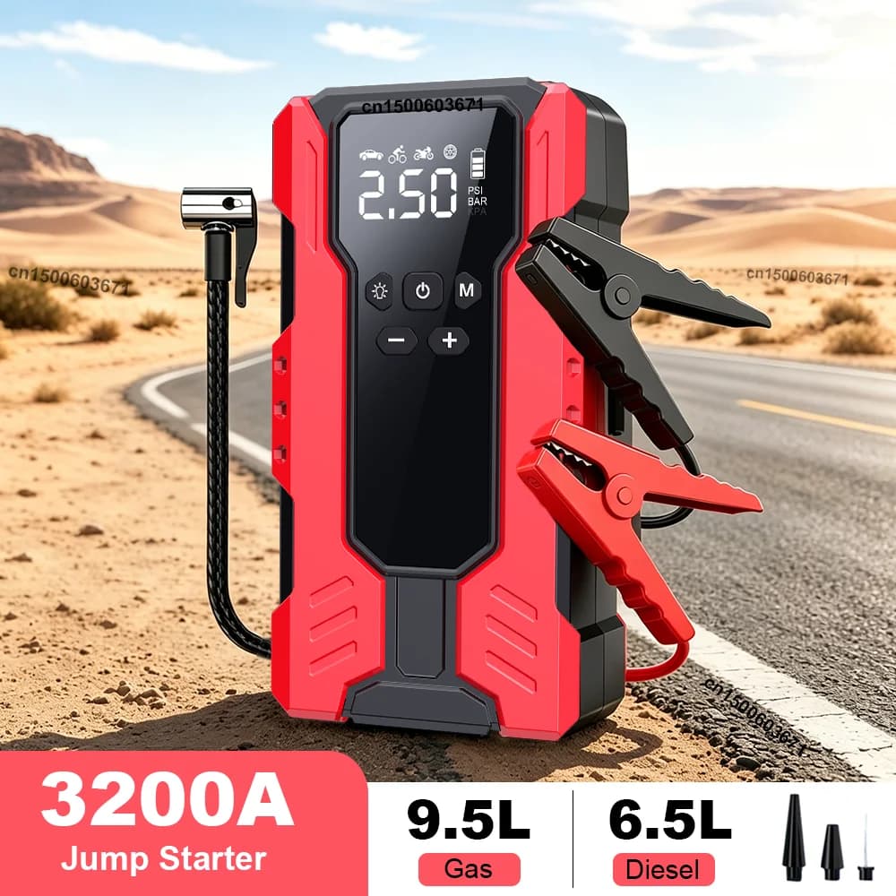Car Jump Starter 3200A Portable Car Battery Starter with Air Compressor 12V Car Battery Booster Air Pump Portable Power Bank Tire Inflator