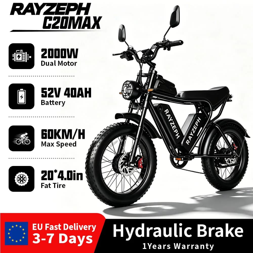 RAYZEPH C20MAX 2000W Double Motor Electric Offroad Bike, 52V 40AH, Two Batteries, Maximum Speed 60 km/h, 20 Inch X 4 Thick Tyres, Hydraulic Brakes,