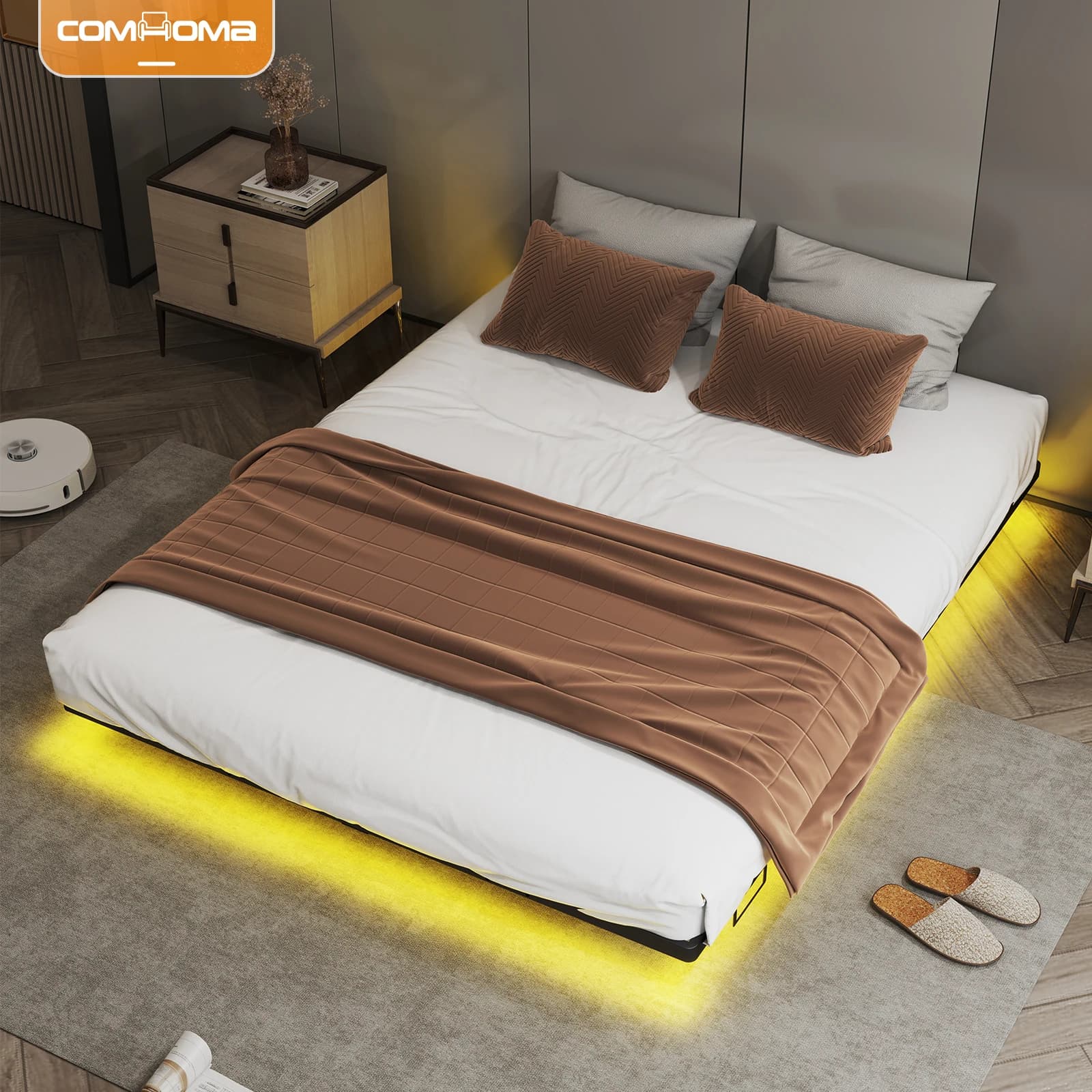 COMHOMA bed frame Metal bed Guests bed bed Rher with LED & sockets Youth bed 140x200, App & remote control
