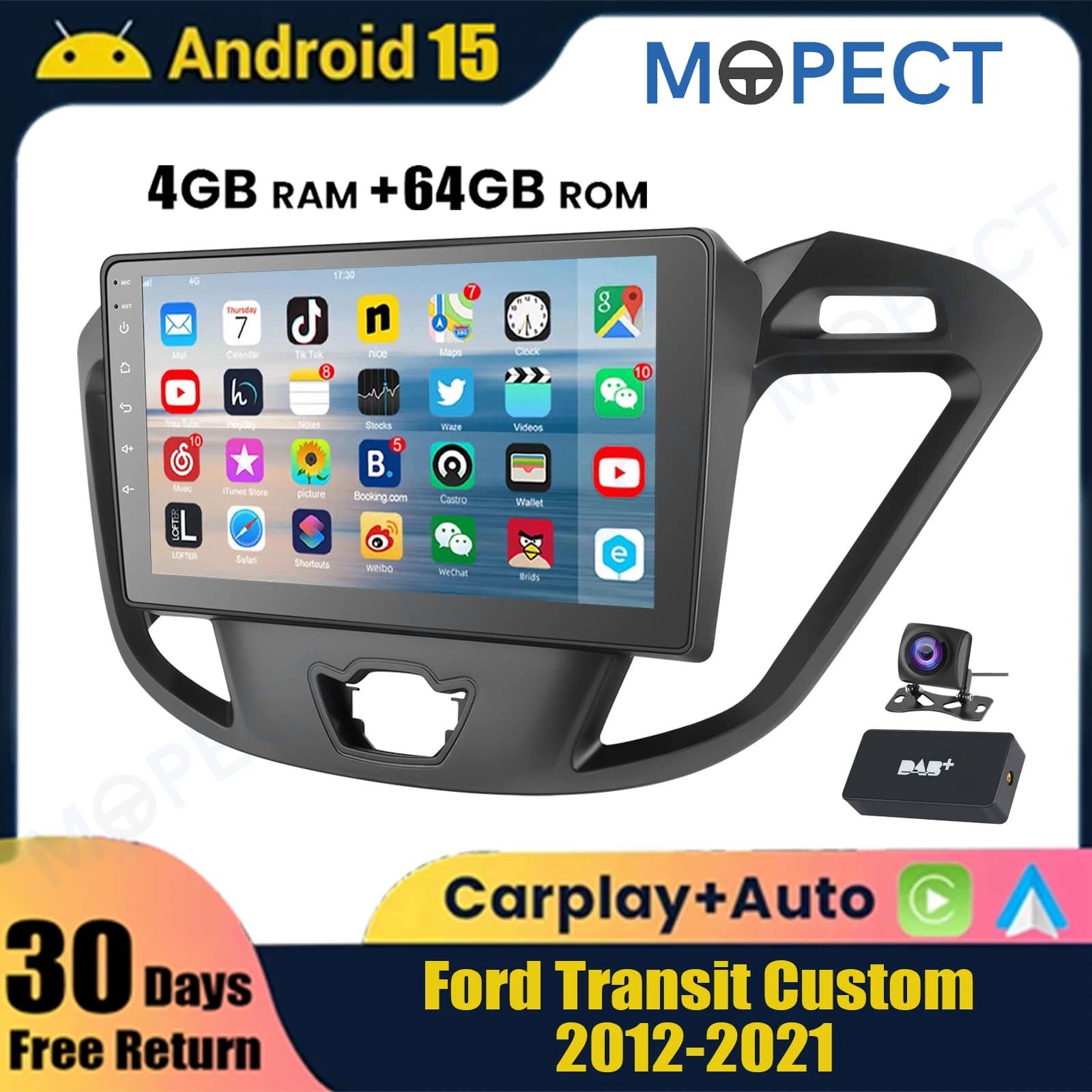 MPOETC 4+64GB 9" Android 15 CarPlay Autoradio for Ford Transit Custom 2012-2021 GPS Navigation FM/AM Radio BT Touch Screen DAB&DVR&AHD