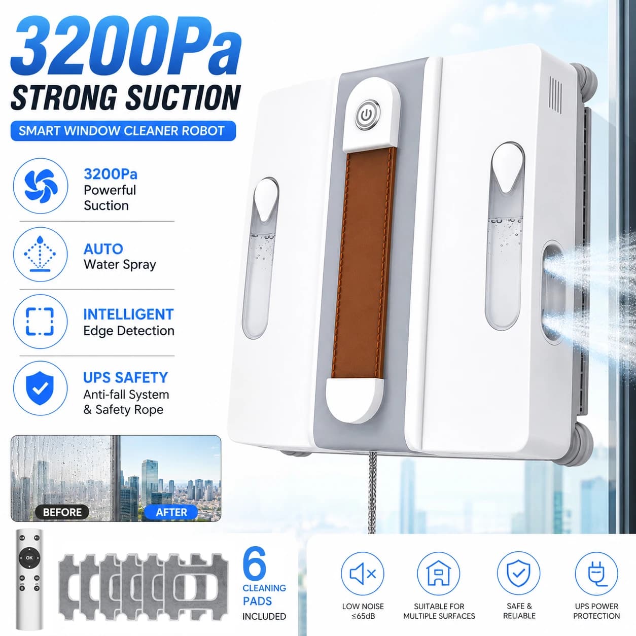 Smart Window Cleaning Robot Automatic Electric Glass Cleaner 3200Pa Suction Four Water Spray Z/N Path Frameless Detection Remote Control Safety Rope