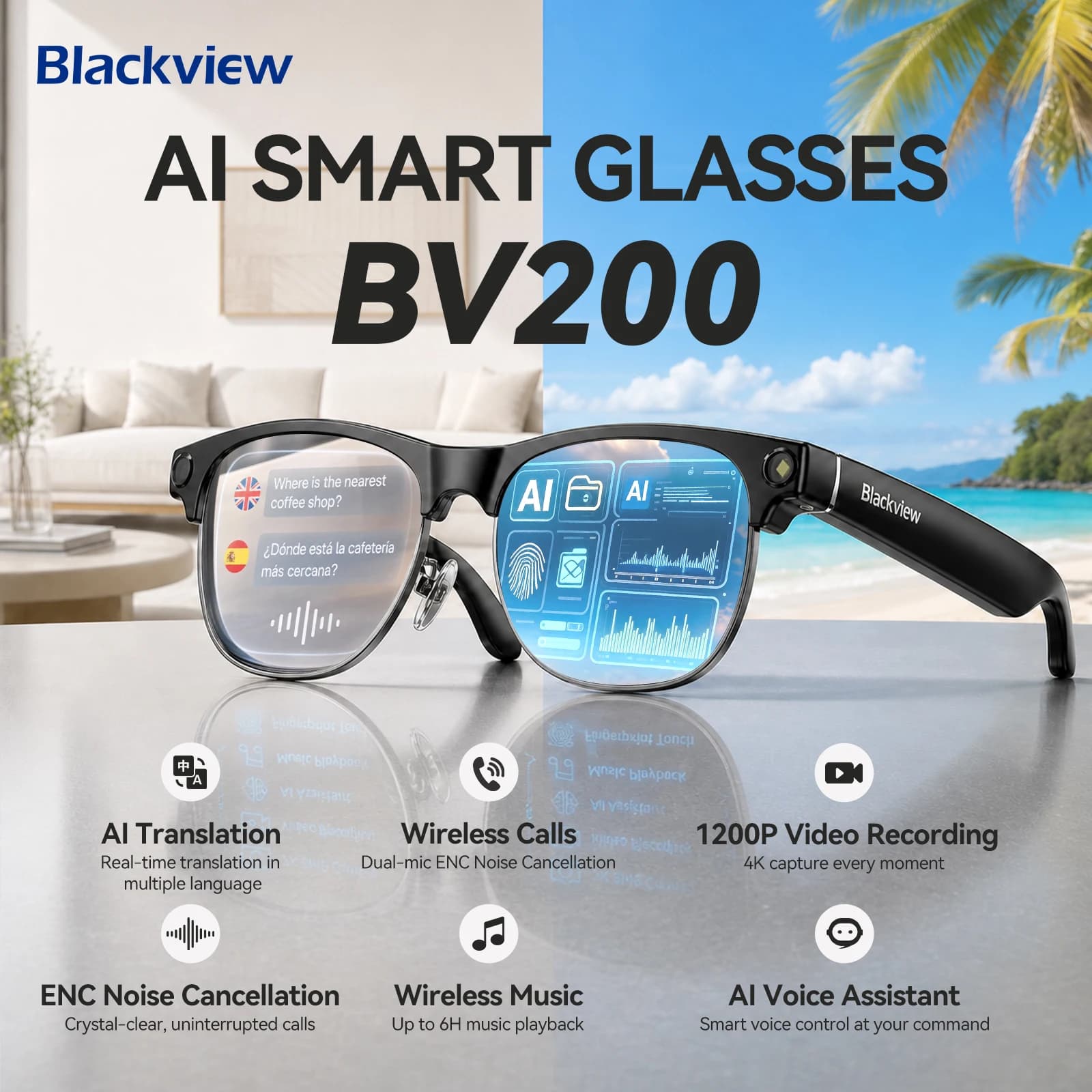 Blackview BV200 4K 8MP AI Smart Glasses Video Recording Color-Change Sunglasses 130+Languages Translation Men Casual Glasses