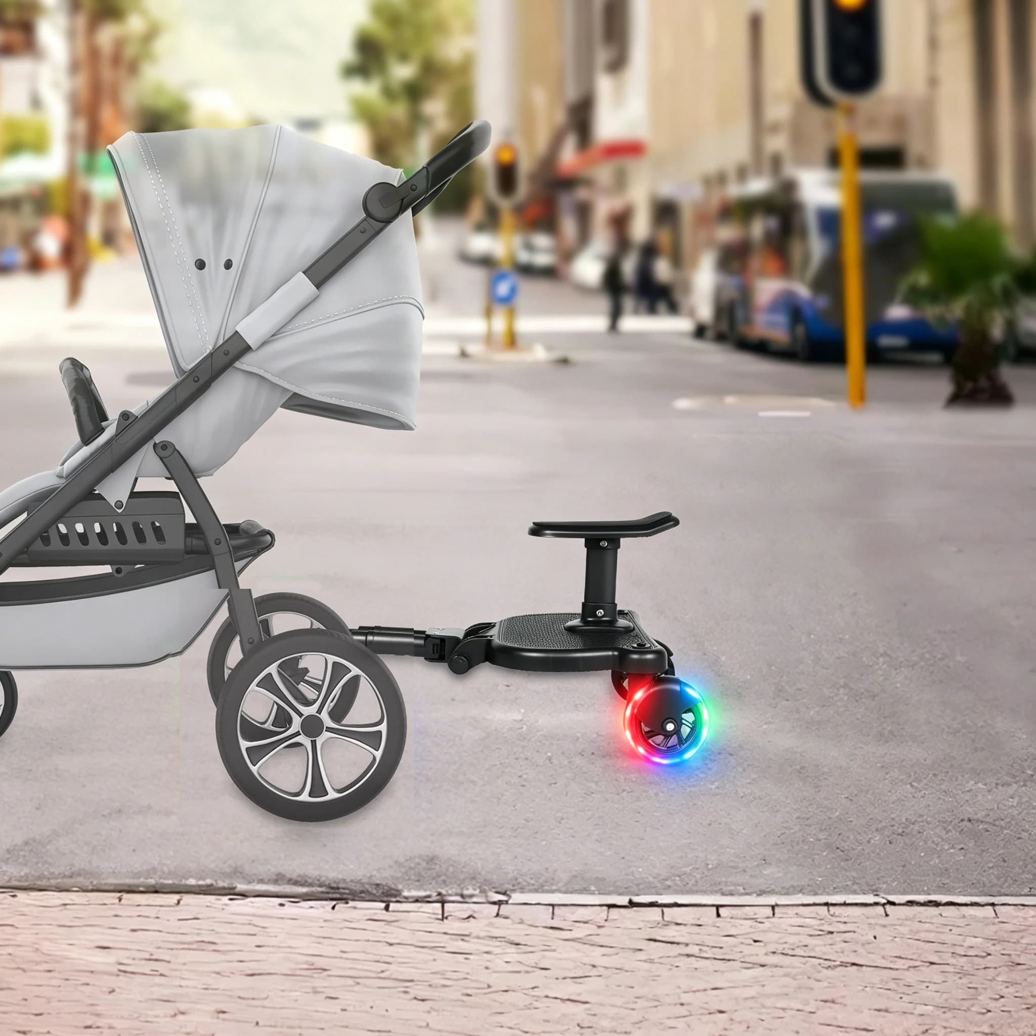 Universal Stroller Board Universal Buggy Board with Seat Strollers Step Board Adapter Outdoor Kiddy Boards with LED Wheels Holds Up 55lbs Kids