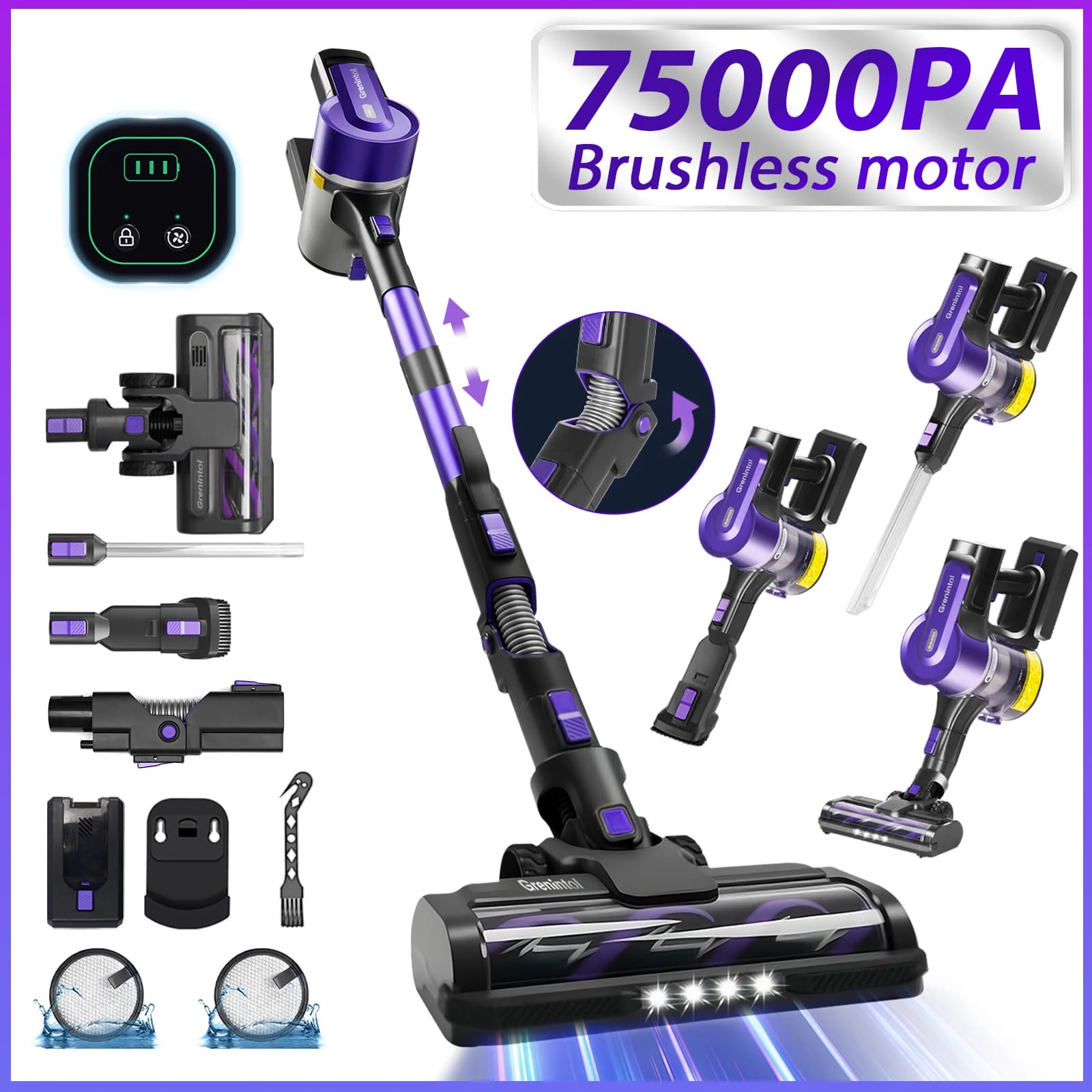 Grenintol S119 Cordless vacuum cleaner Portable | 500W/75kPa Strong Suction | Bending 3-Step Setting | Pet Friendly