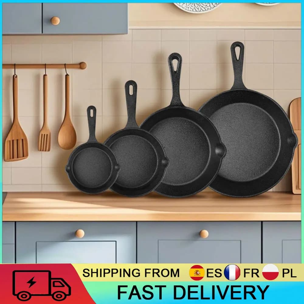 4PCS Cast Iron Skillet Uncoated Cast Iron Frying Pan Single Handle Frying Pan 14/16/20/26CM for Home Kitchen Outdoor Camping