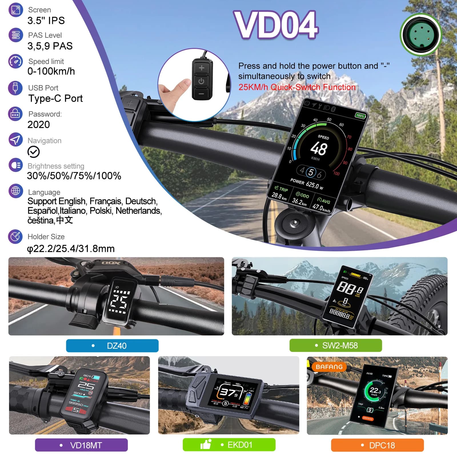 VD04 Bafang UART Ebike Display, 3.5" IPS Color Screen Bluetooth Varstrom E-Vehicle Navigation eBicycle Computer IP67 Waterproof 9-Levels with Type-C
