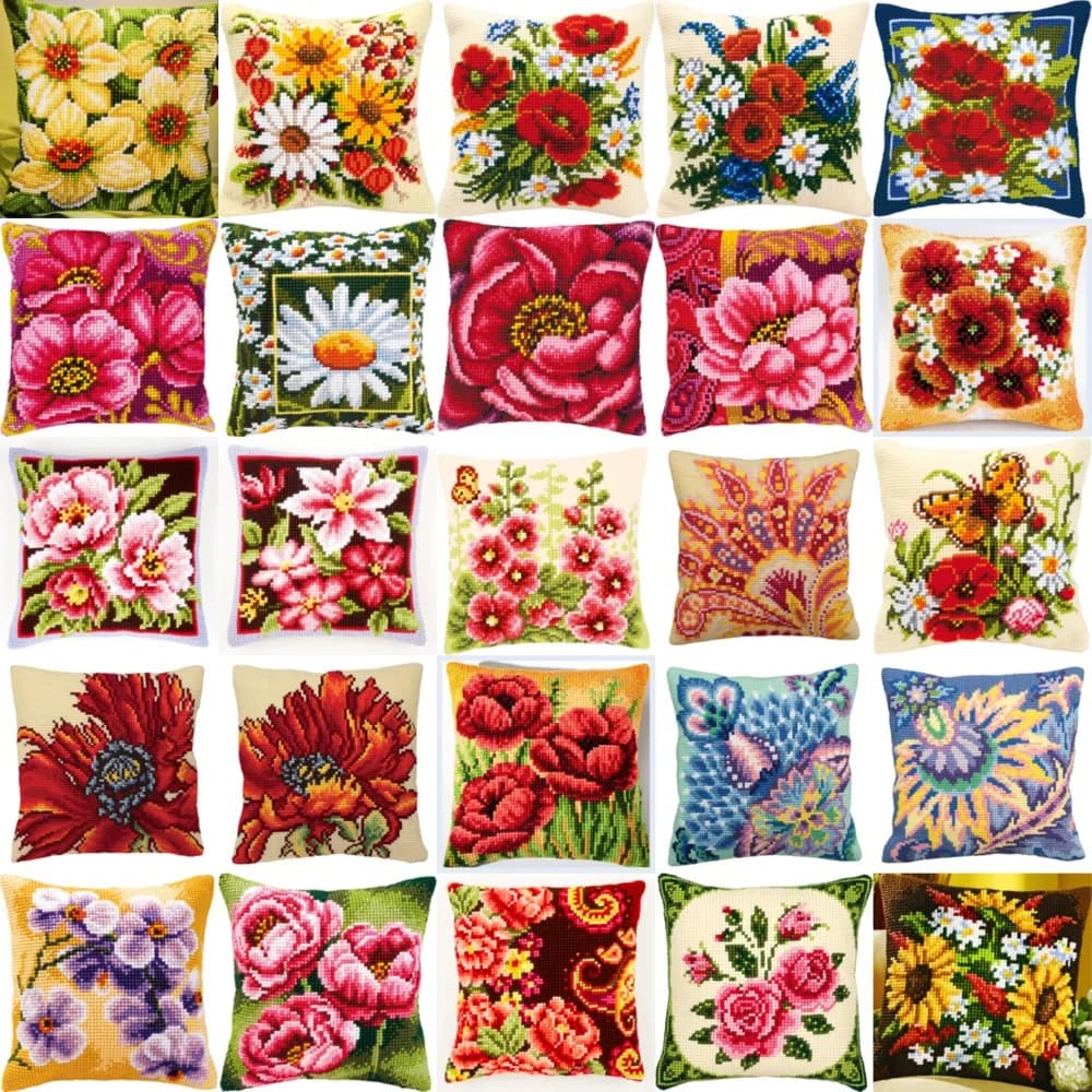 Poppy Flowers DIY Needlework Kit, Acrylic Yarn Embroidery, Tapestry Canvas Cushion, Front Cross Stitch Pillowcase, JCS, 2016