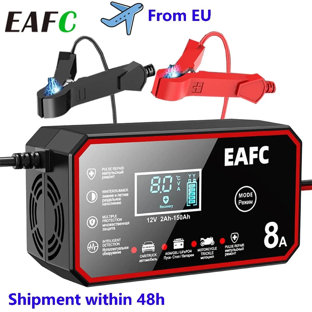 EAFC 12V 8A 6A Car Battery Charger Pulse Repair LCD Display Smart Fast Charge for Auto Motorcycle Minivan SUV Classic Cars