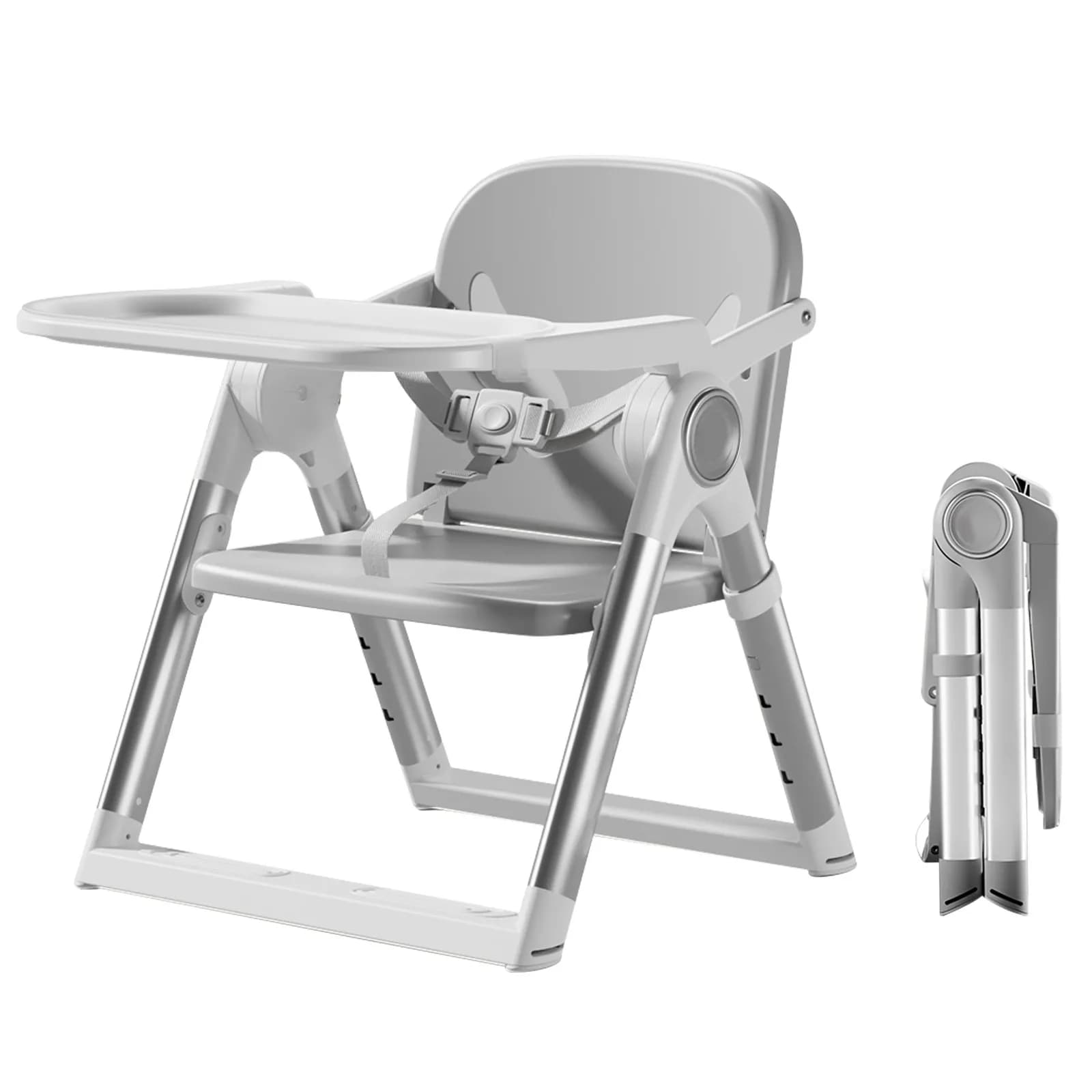 3-in-1 Portable Booster Seat Dining, Adjustable Foldable High Chair with Double-Layer Dinner Plate, Convertible High Chair(Grey)