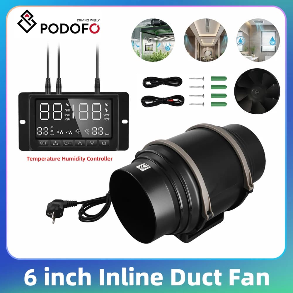 Podofo 6'' Inline Duct Fan Temperature Humidity Controller Bathroom Exhaust Fan Ventilation Equipment for Home Kitchen Exhaust Blower Fans