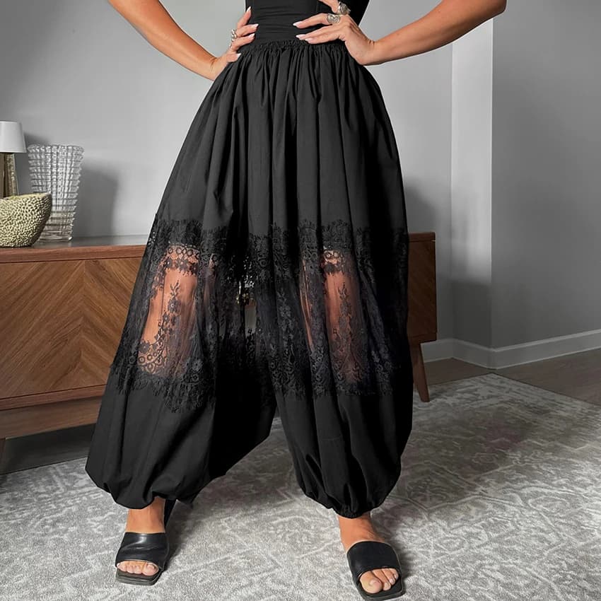 Linad Elegant Black Embroidery Bloomers For Women Sexy Hollow Out Long Pants Street Chic Pleated Elastic Waist Trousers 2025
