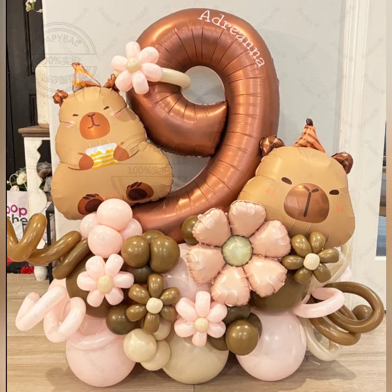 54pcs Retro Caramel Color Balloons Set Capybara Aluminum Foil Balloon Digital 1-9 Aluminum Film Ballons Birthday Party Supply