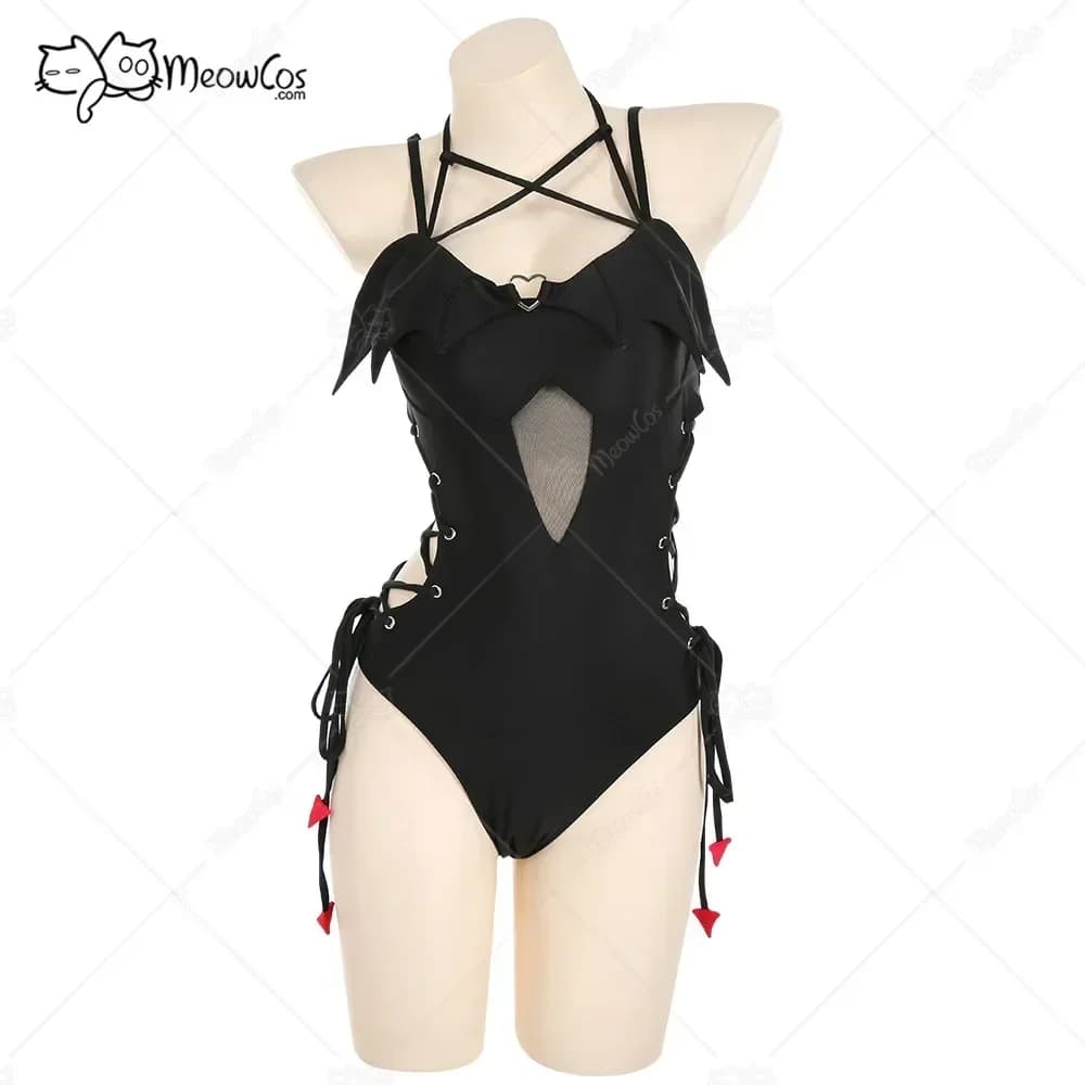 Meowcos Women's Devil Tail Gothic Black Halter Neck Cutout One-Piece Swimsuit