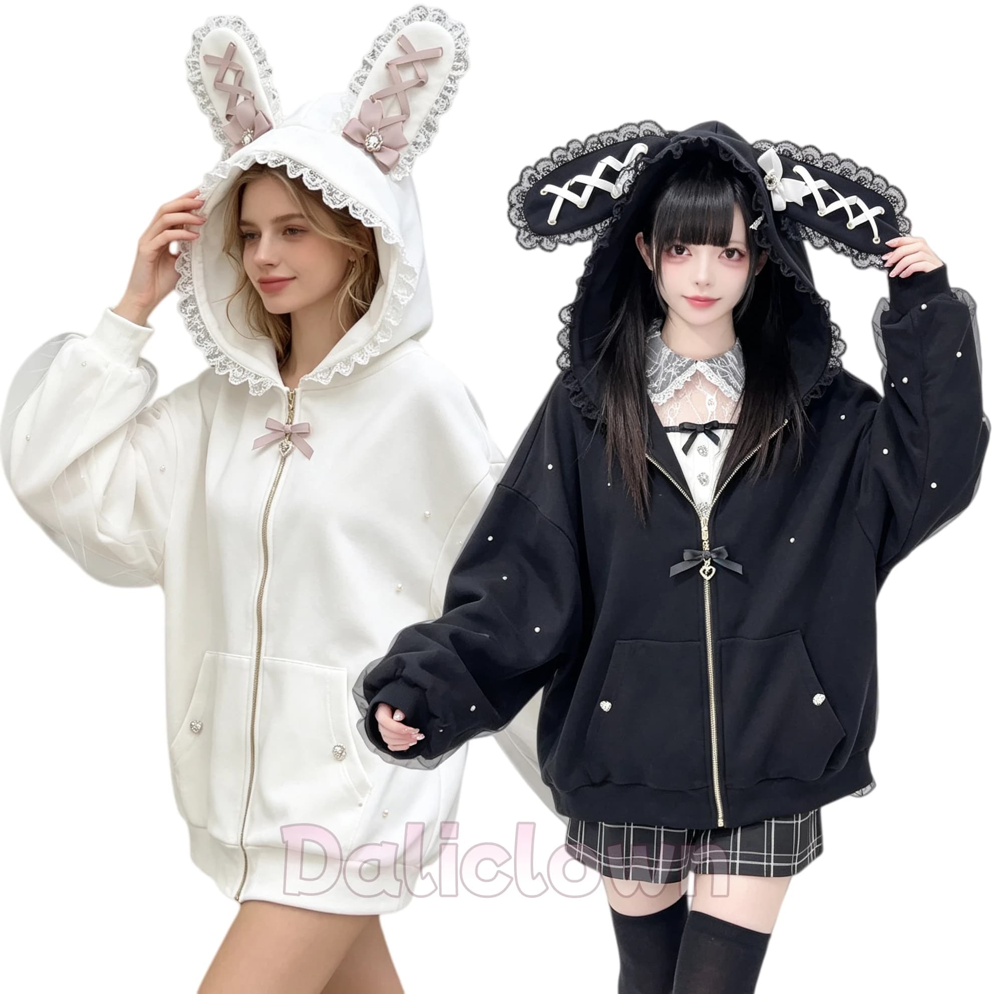 Kawaii Women Coat Jirai Kei Sweet Lolita Cosplay Y2K Cute Japanese Style Jacket Pearl Rabbit Ear Bow Hoodie Elegant Casual Top