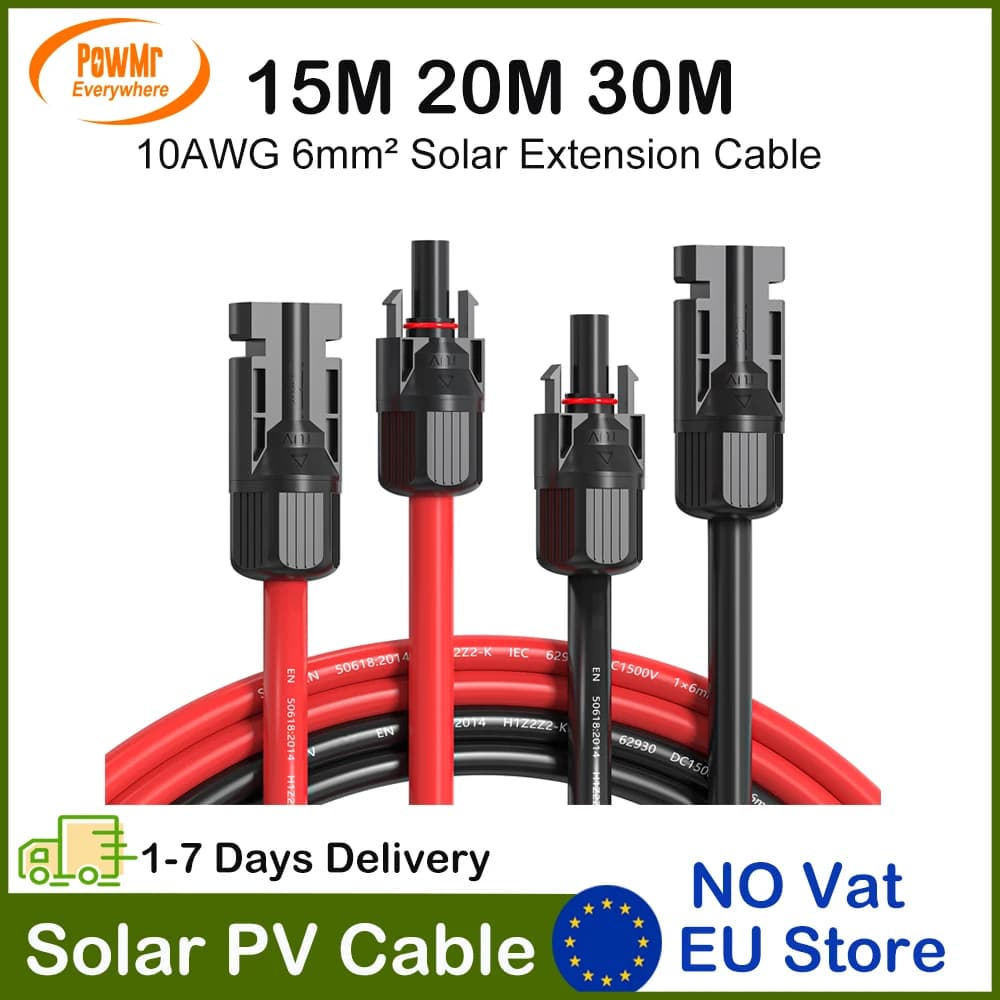 10AWG 6mm² Solar Extension Cable 5M 10M 15M 20M 30M Red+Black Both End with Universal Solar Connector Plug IP67 Fit for RV Boat