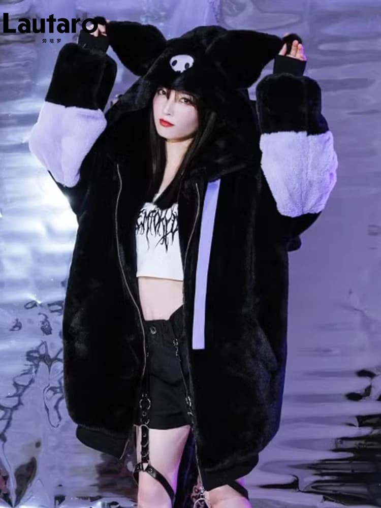 Lautaro Autumn Winter Oversized Color Block Faux Fur Coat Women Harajuku Kawaii Sweet Cute Fluffy Jacket Hoodie with Bunny Ears