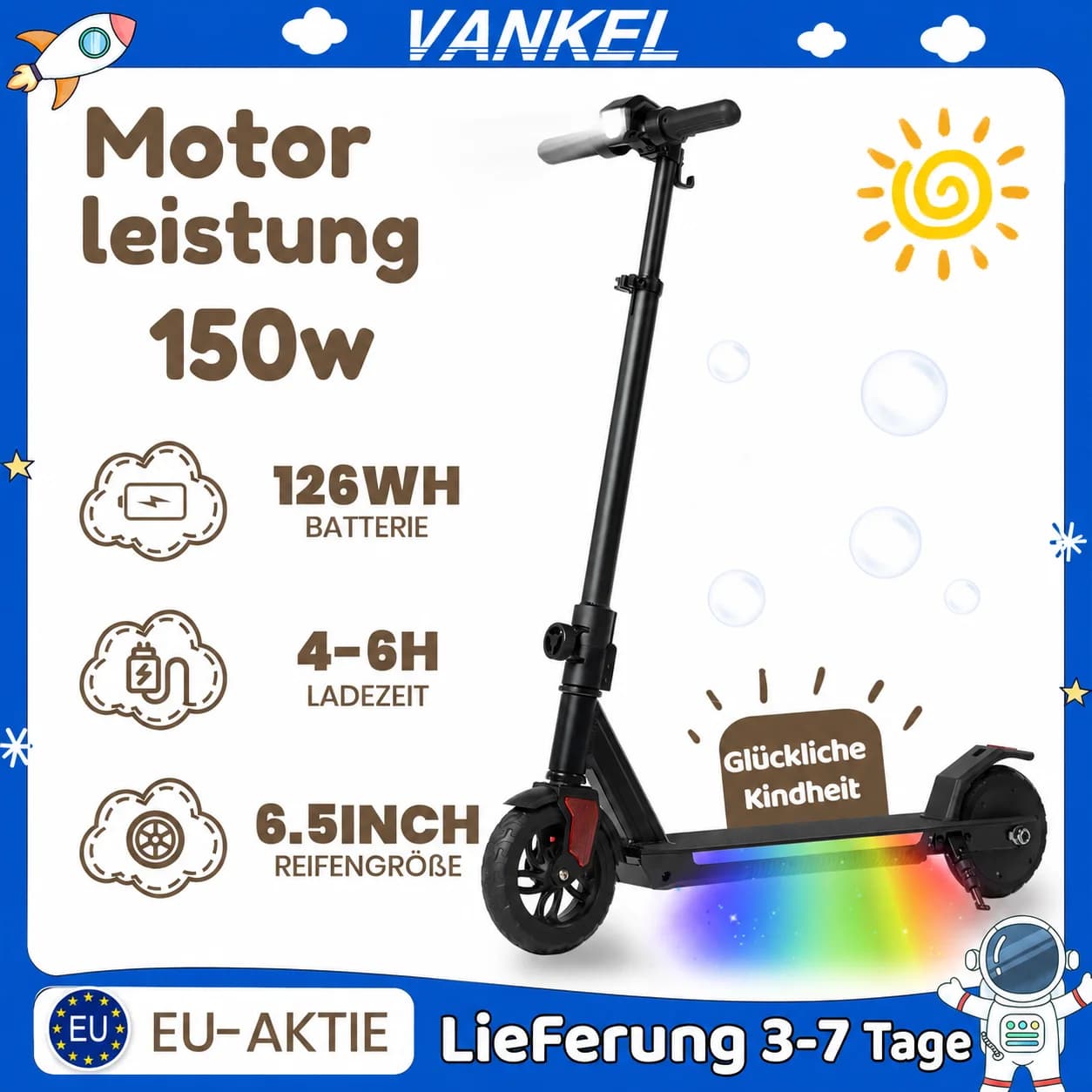 Vankel Kids E-Scooter from 10 years, 6.5-inch foldable electric scooter with 150W motor, 126Wh battery, 3-level height-adjustable handlebar, kids