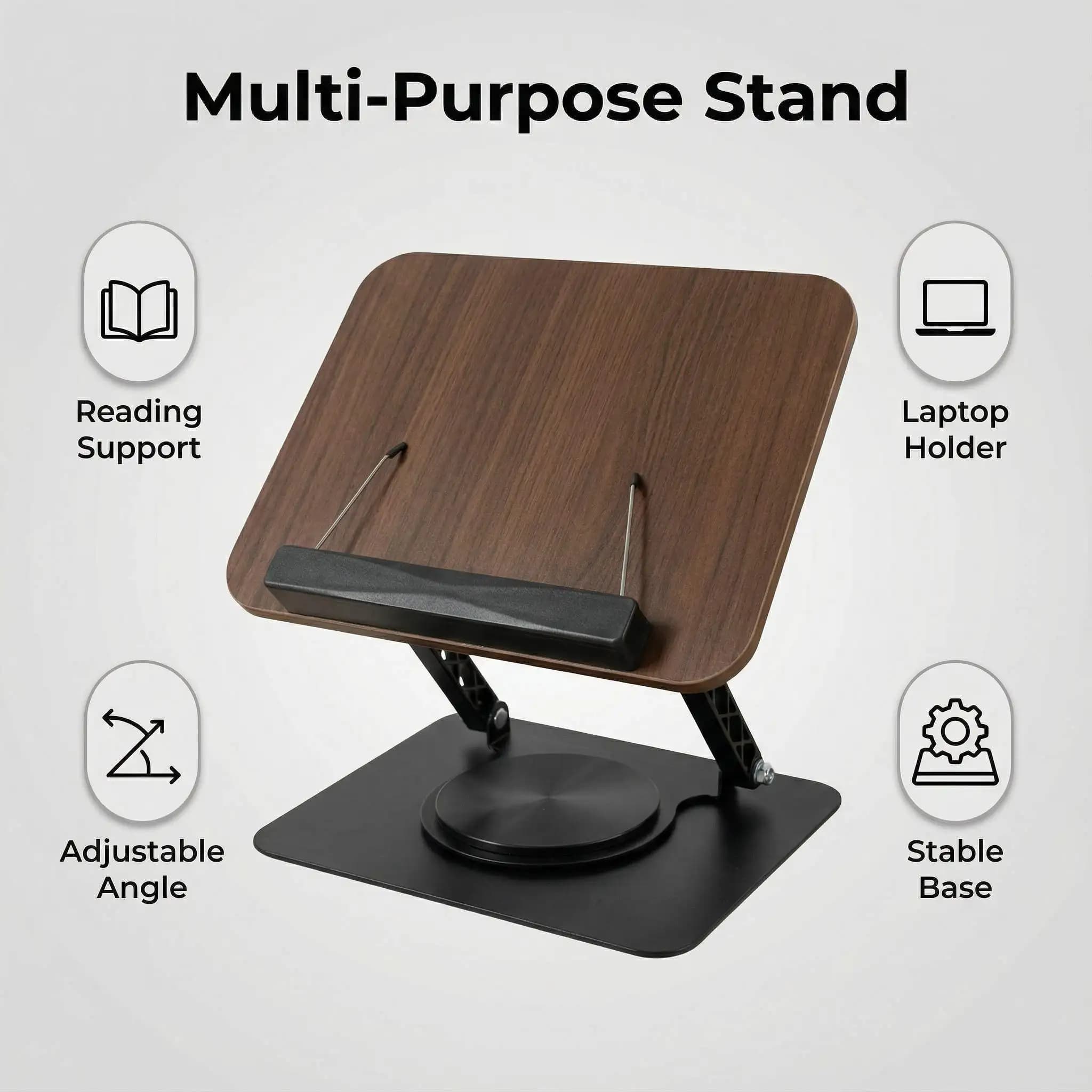 Adjustable Wooden Book Stand with Rotating Base – Foldable Hands-Free Cook Book Holder for Reading, Kitchen & Desk Use