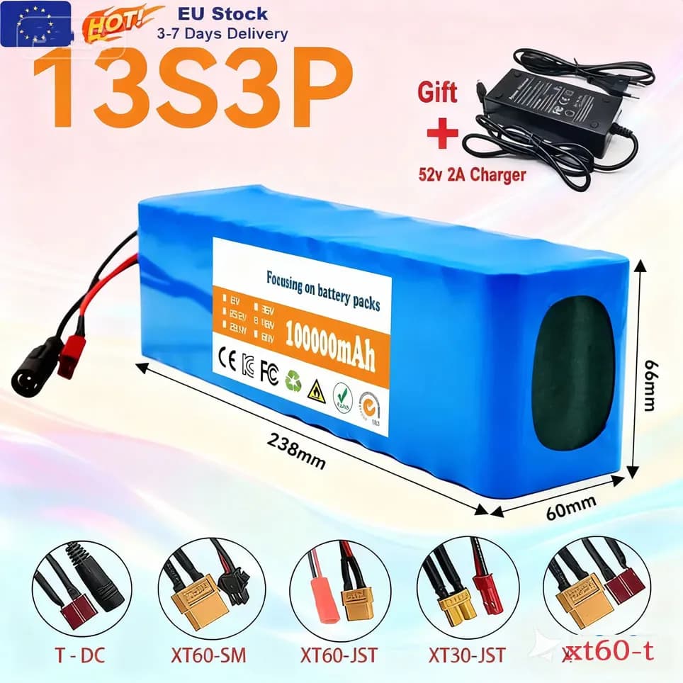 new 13S3P 48V 100000mAh 100Ah 1000W Lithium-ion Battery Pack with BMS + 54.6V Charger