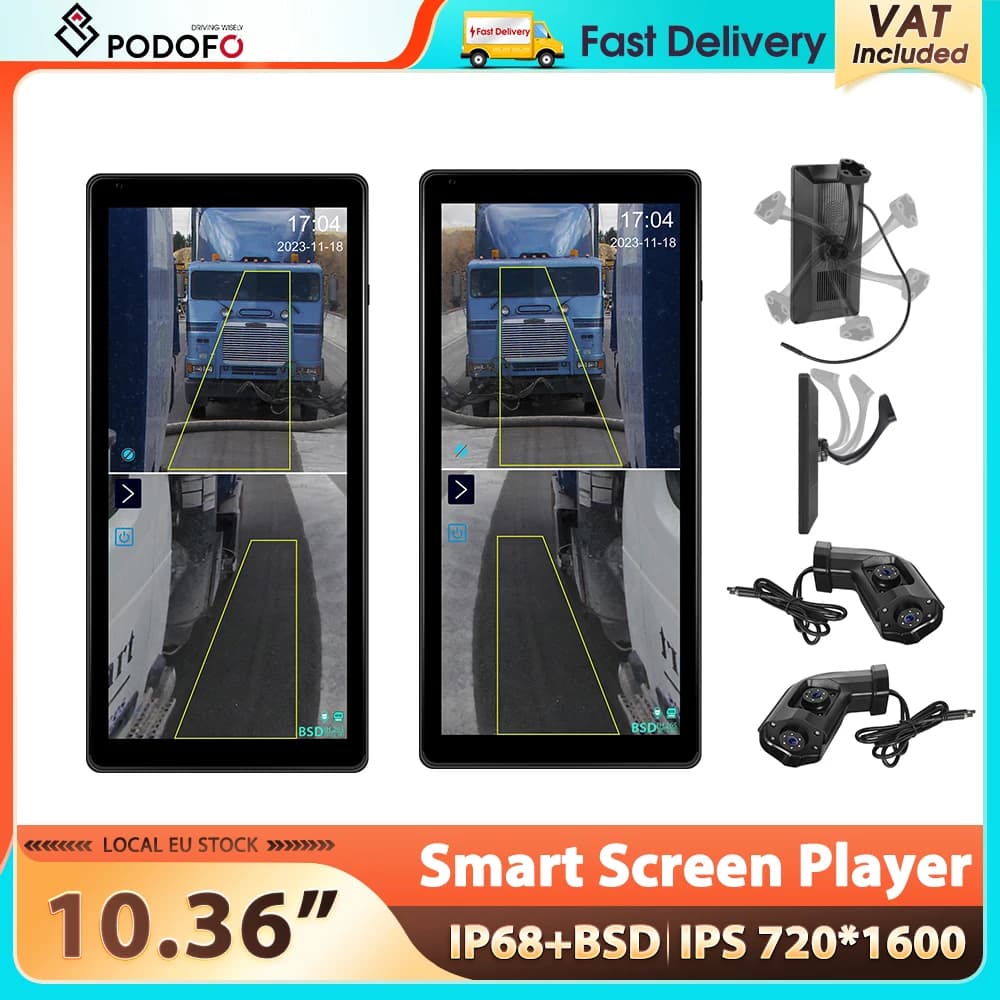 Podofo 10.36'' Smart Screen Player BSD Function Vertical Screen Car Monitor Rearview Camera IP68 Waterproof Night Vision DVR