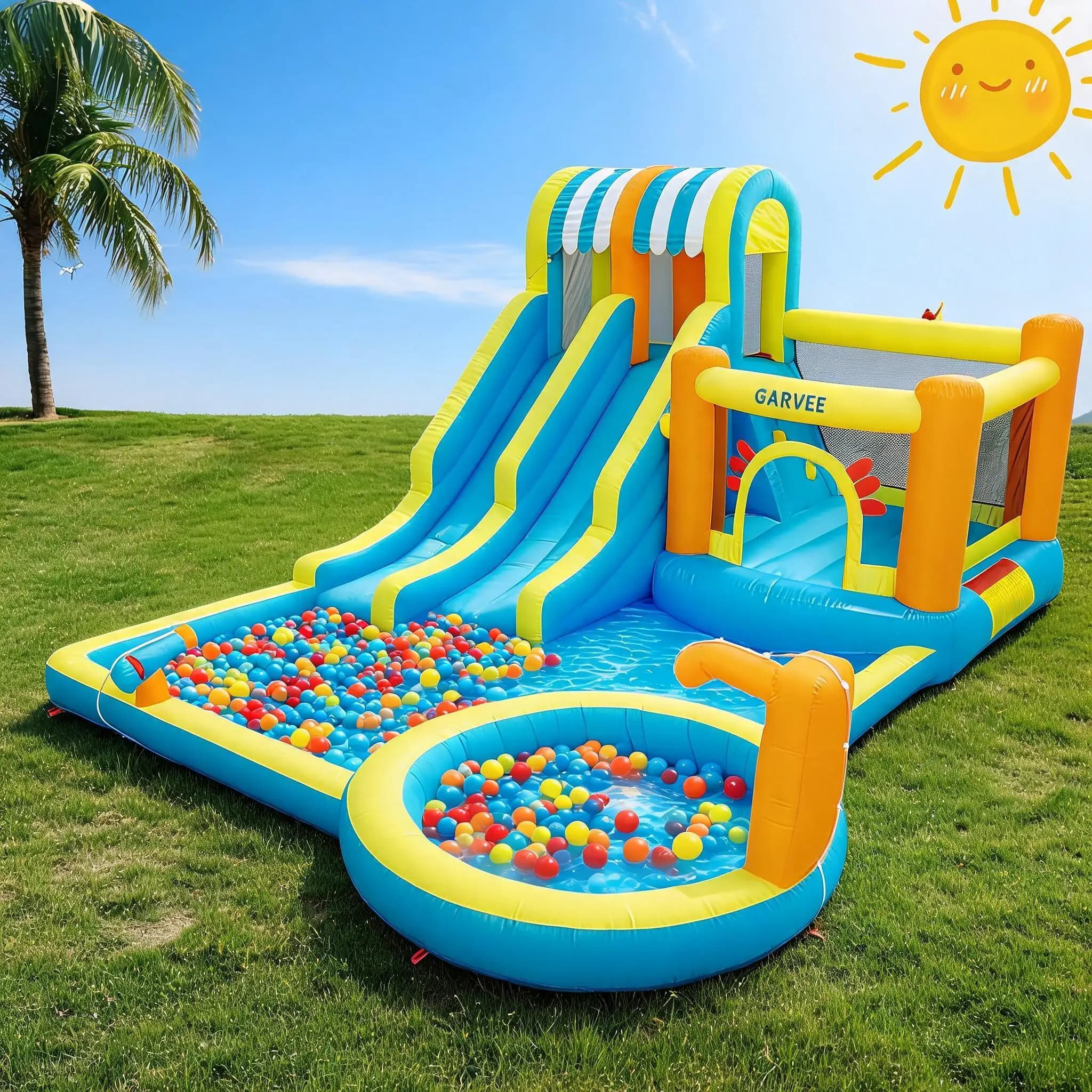 9-in-1 inflatable water slides park for children racing slides, climbing wall, large pool in the backyard, paddling pool and more. Robust Oxford