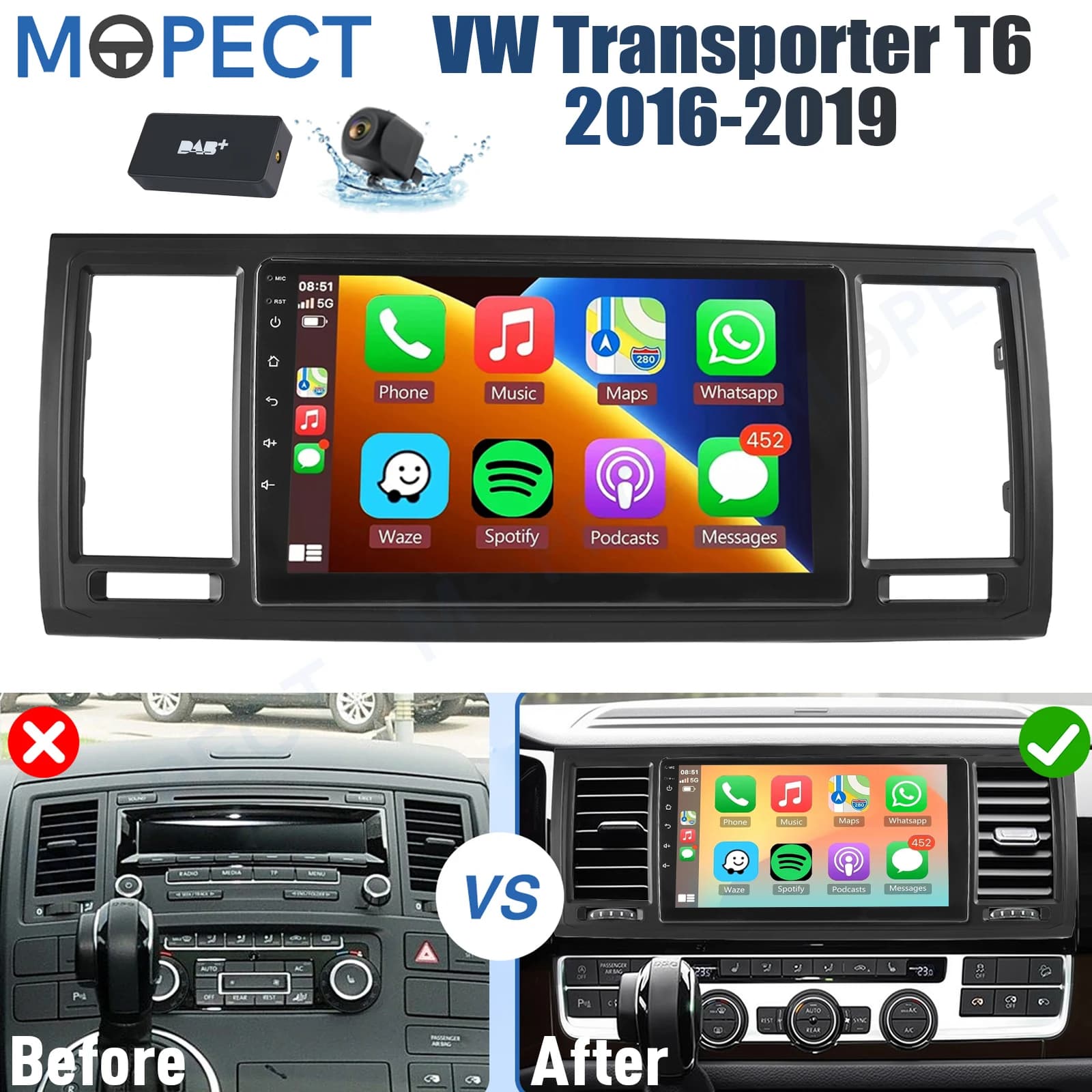MOPECT 9" Android 15 Carplay For VW Transporter T6 2016-2019 Car Stereo Radio 4G+64G GPS Navi Bluetooth FM/AM/RDS+DAB&DVR&Camera