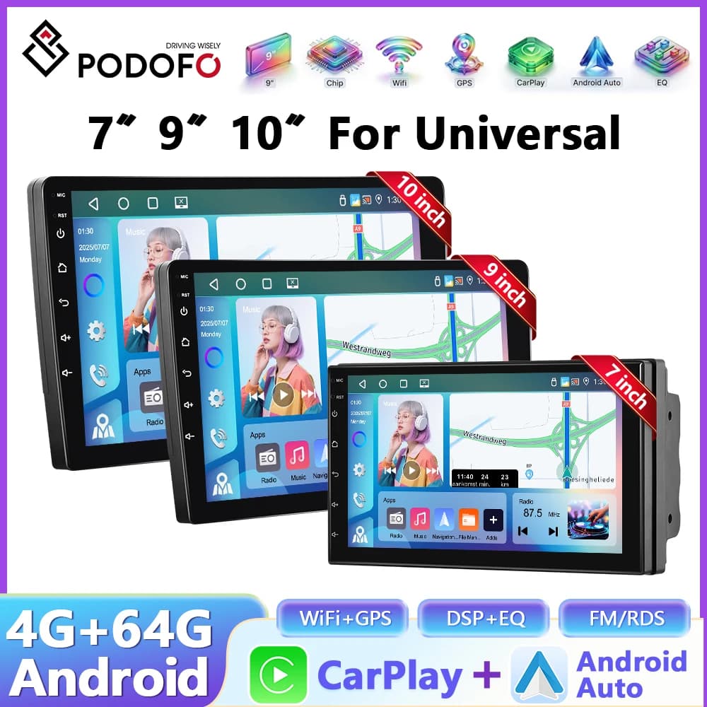 Podofo 7 9 10 Inch 4G + 64G Car Radio Android 2Din Autoradio GPS Stereo WIFI Wireless Carplay Android Auto Universal Multimedia