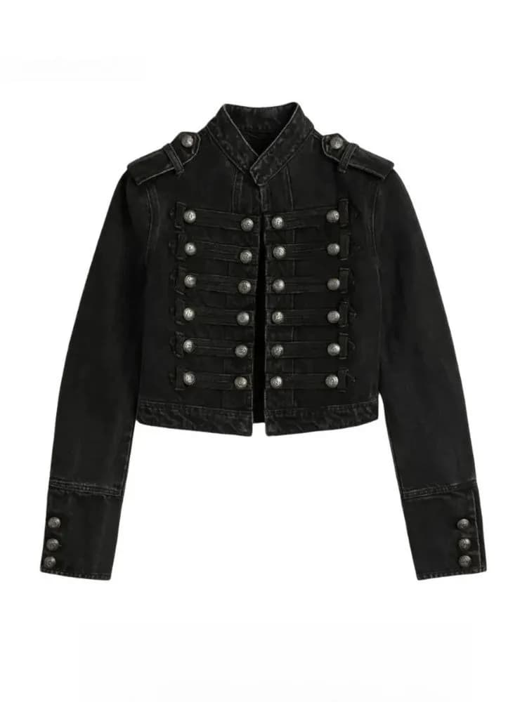 Y2K Retro Hussars Jacket Stand Collar Double Breasted Button Cropped Jacket Napoleon Old Money BLK Denim Jacket Women Boxy Coat