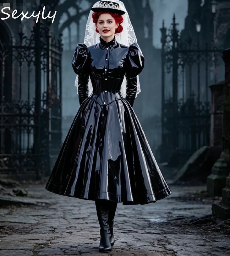 Black Latex Victorian Prom Dress A Line Puff Sleeve Halloween Vampire Costume Evening Gown Midi Cosplay Cocktail Party Mistress