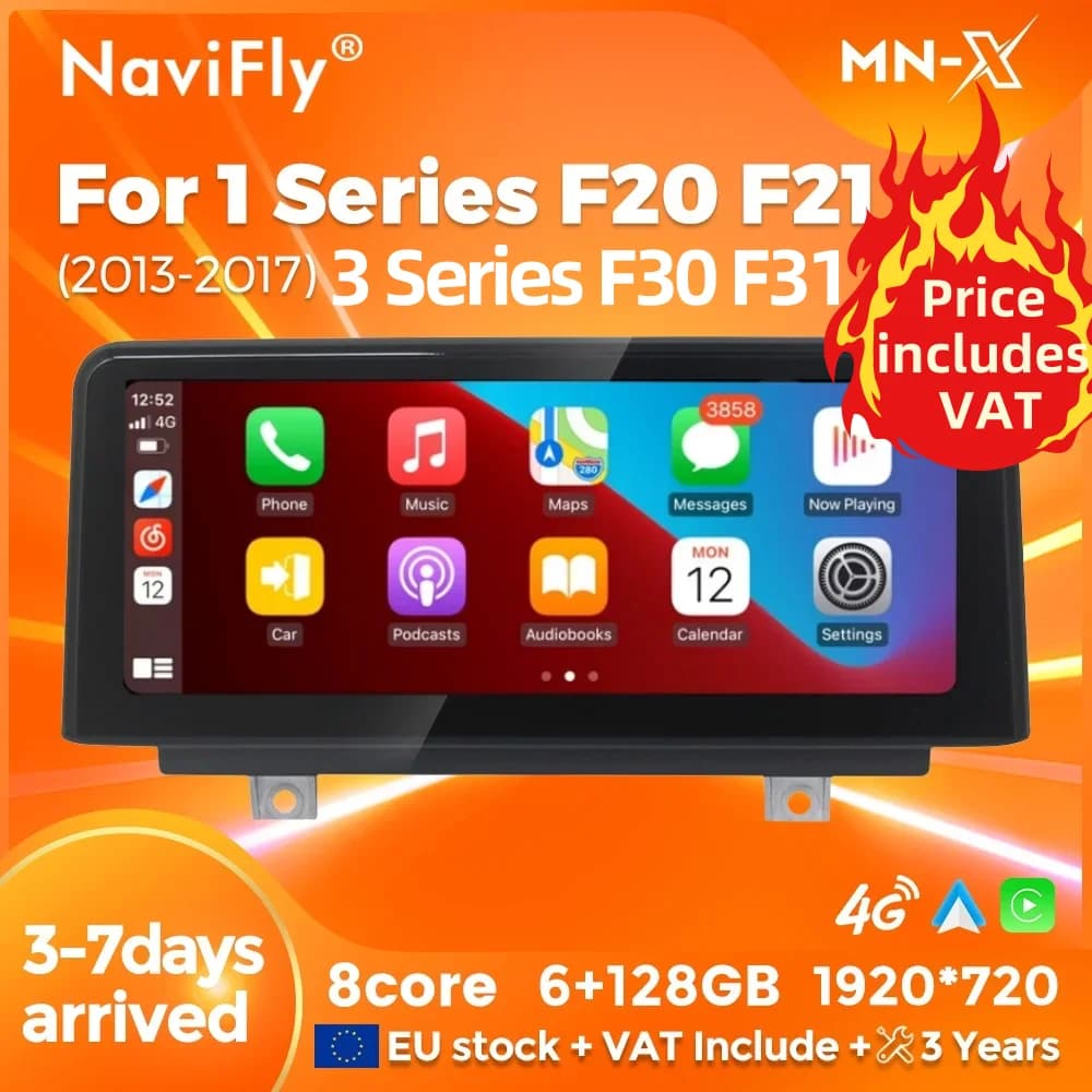 NaviFly EU Stock Android 14 8Core 10.25" Touch Screen Wireless Carplay For BMW 1/2/3/4 Series F20 F21 F22 F30 F31 F32 F33 F34 F36 NBT System GPS 2 Din
