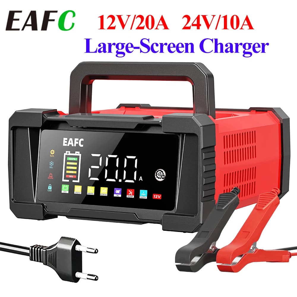 EAFC 12V/24 20A/10A Upgraded Car Battery Charger Fully Automatic Battery Charger 7 Charge Stages for Gel AGM LiFePO4 Etc
