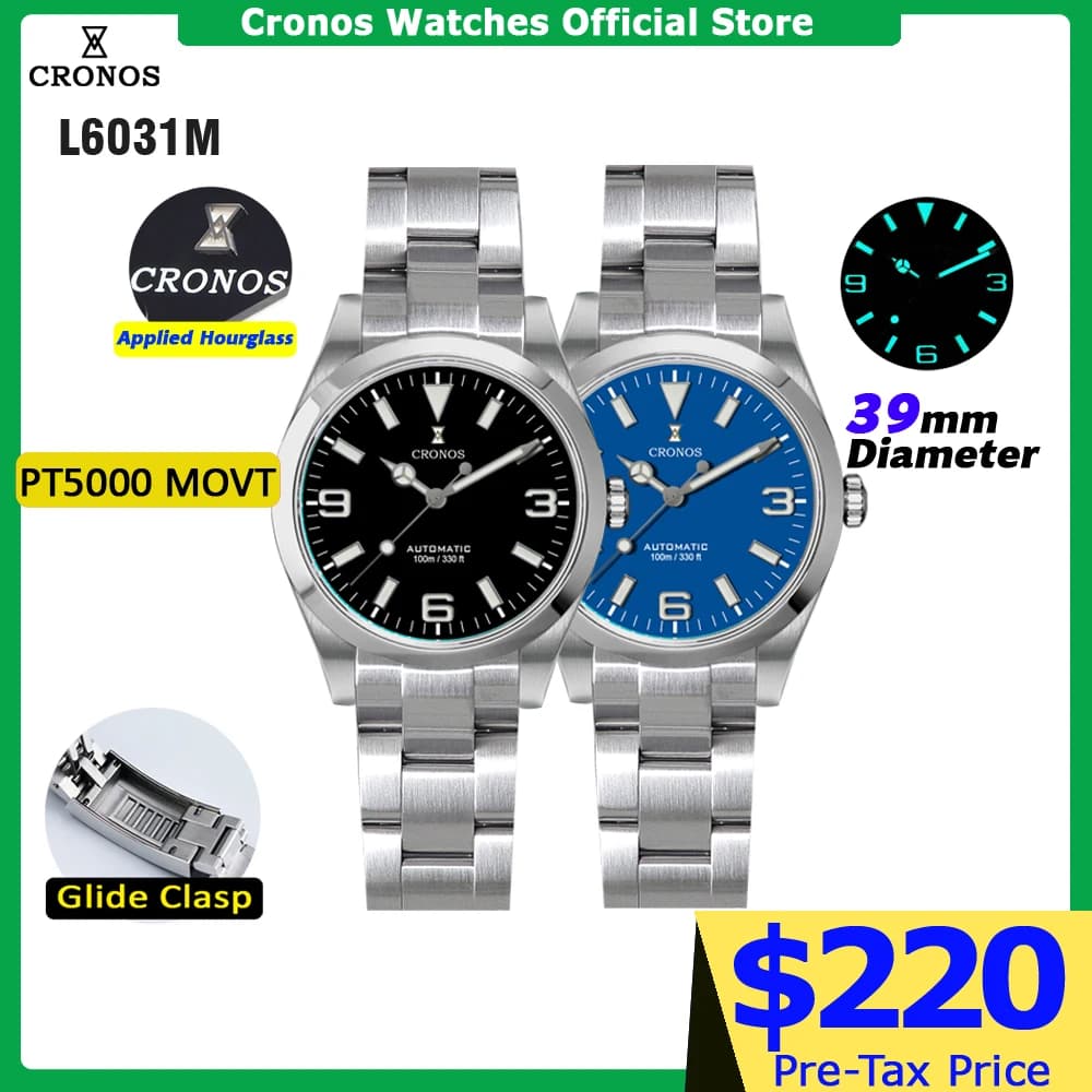 Cronos EX Diver Mechanical Men Watch 39mm Automatic PT5000 Sapphire Glass Bushed Bracelet Glide Clasp 10ATM  L6031