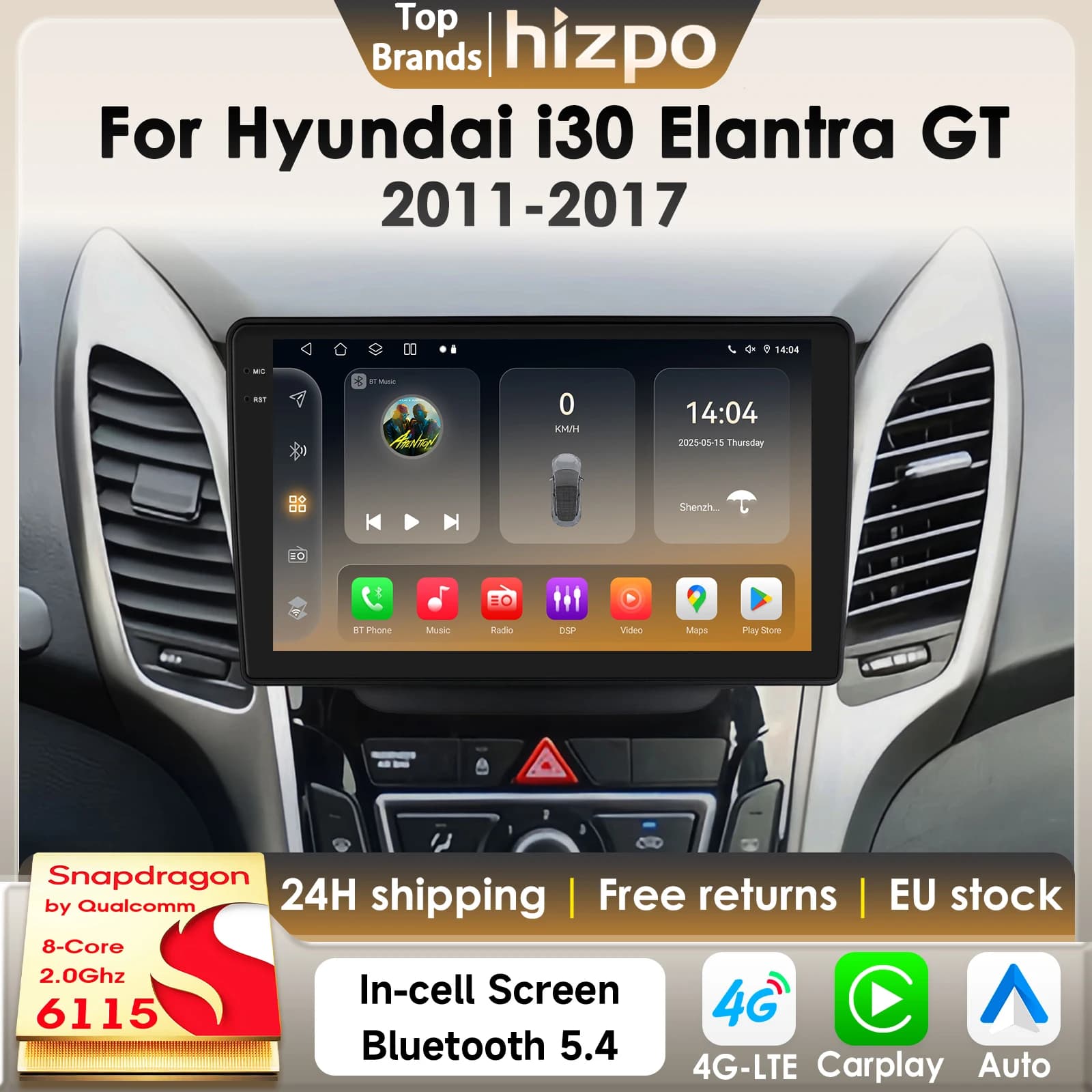 Hizpo 360Camera AI Android 14 Car Radio For Hyundai I30 Elantra GT 2011-2017 CarPlay GPS DSP 4G BT5.4 By Qualcomm Snapdragon6115