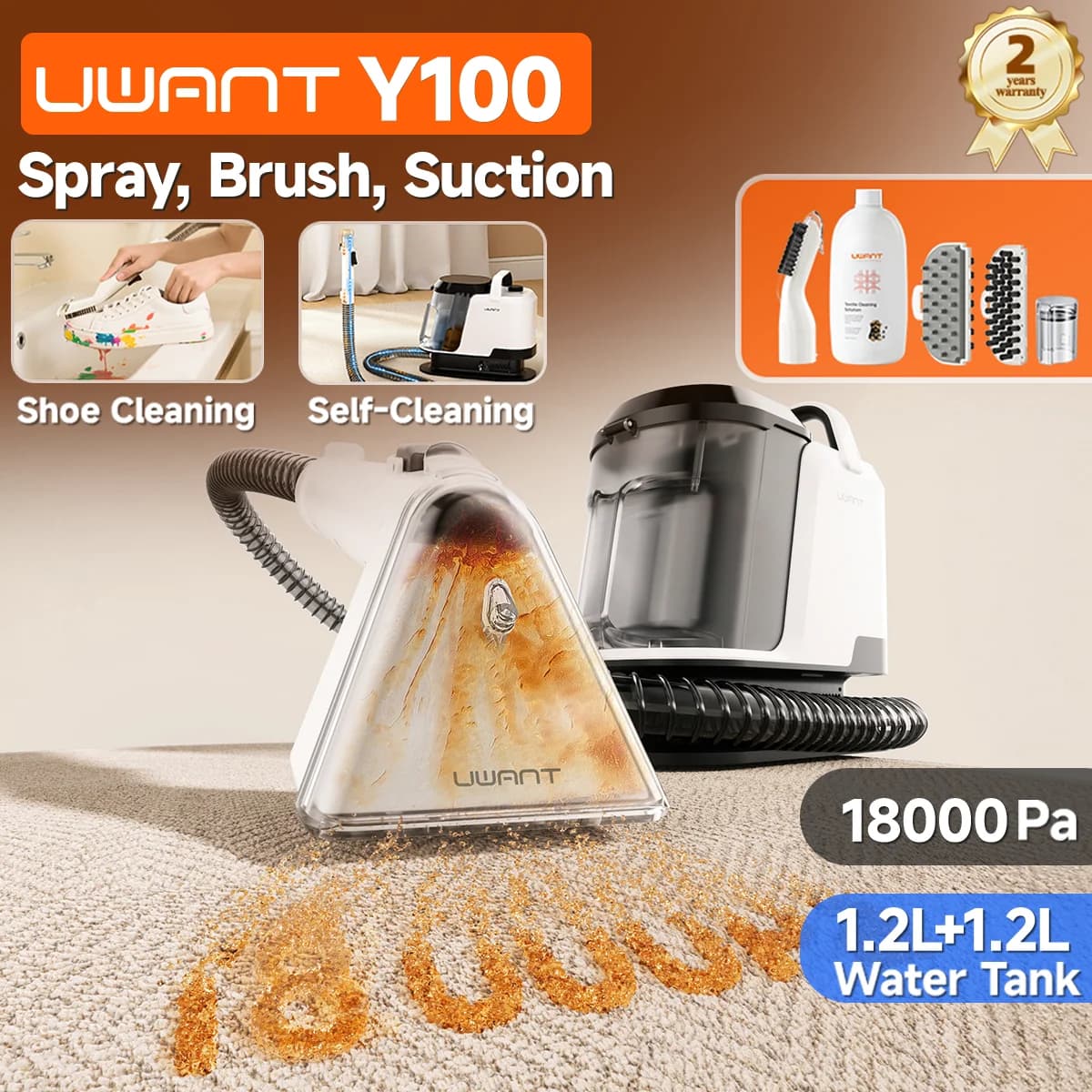 Uwant Y100 18KPa Carpet Cleaner Spray Brush Suction Portable Clean Machine for Sofa Car Shoe Pet Hair Odor Removal Self-Cleaning