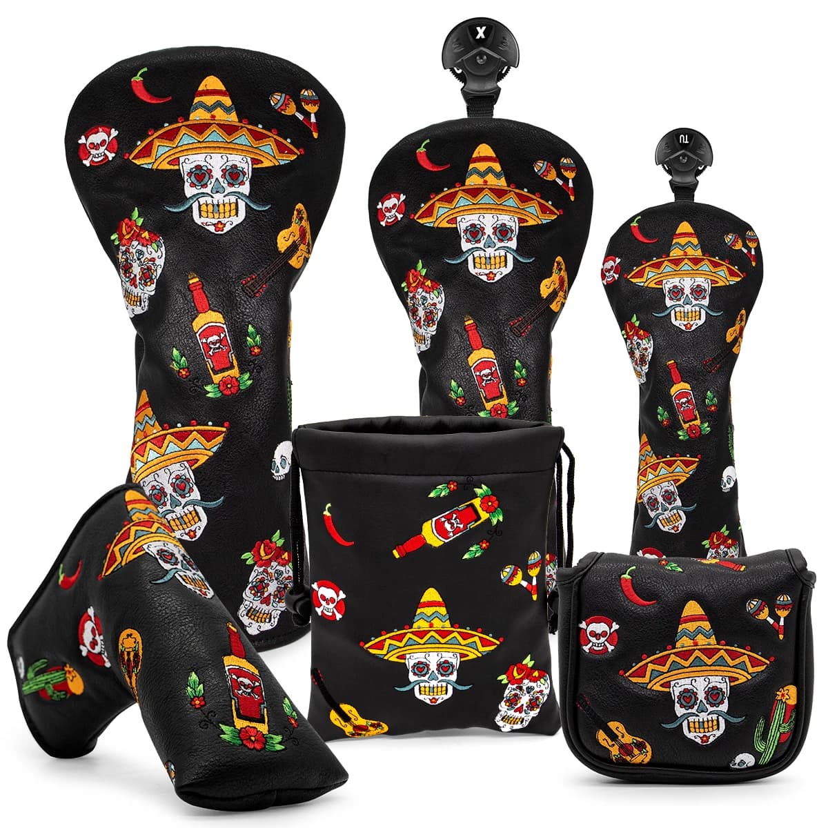Premium Leather Golf Headcovers, Sugar Sku LL, Driver Head Cover, Embroidery, Fairway, Wood Hybrid, Number Tags