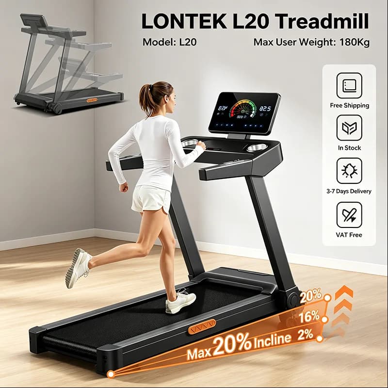 LONTEK L20 Foldable Treadmill with 20% Manual Incline, 14KM/H & 180KG Capacity Our  treadmill features 3 quick-adjust levels (2%, 16%, 20%) for up to