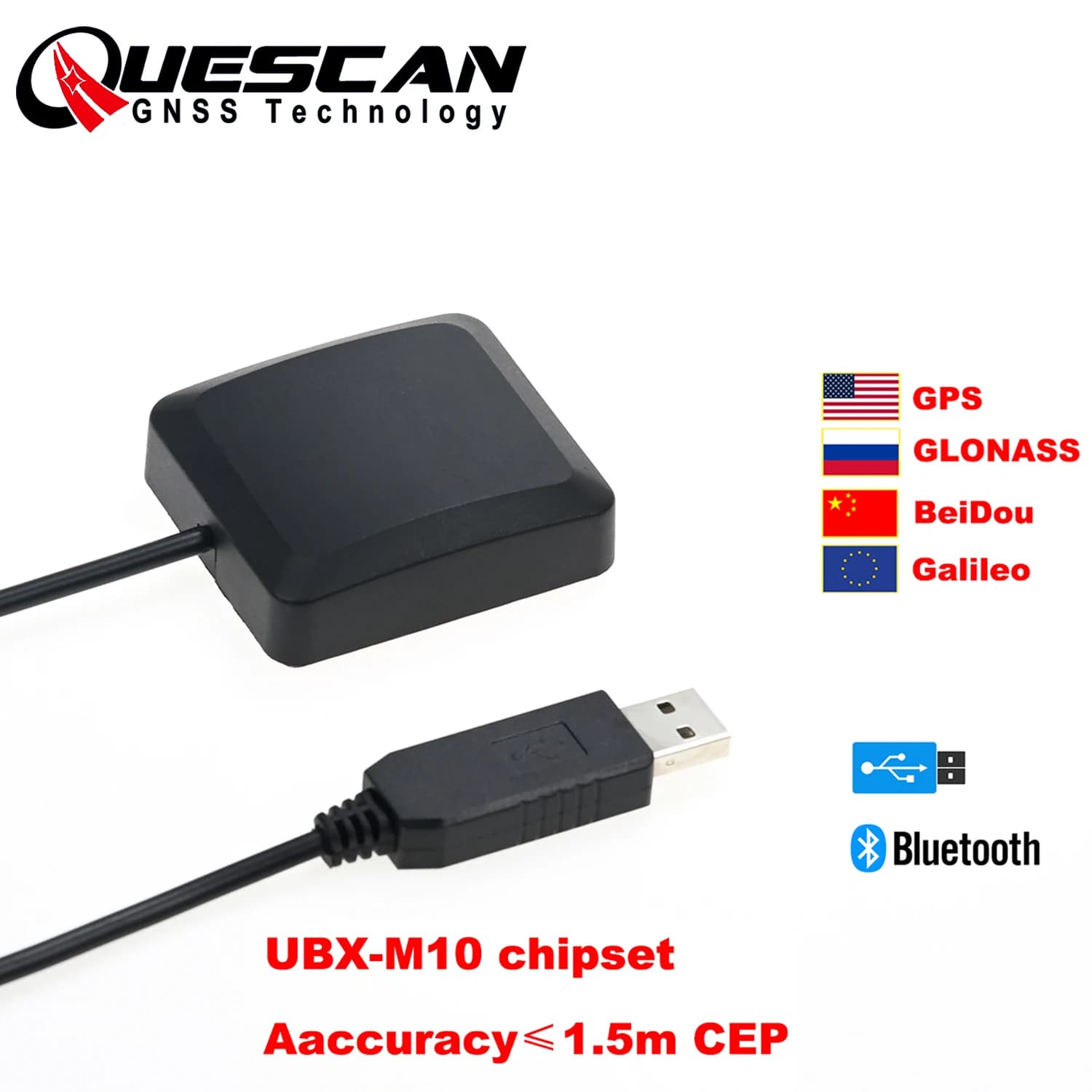 QUESCAN Windows Android Bluetooth GPS Receiver NMEA USB M10 GPS Galileo BeiDou Antenna GNSS Receiver for Car Marine Agriculture