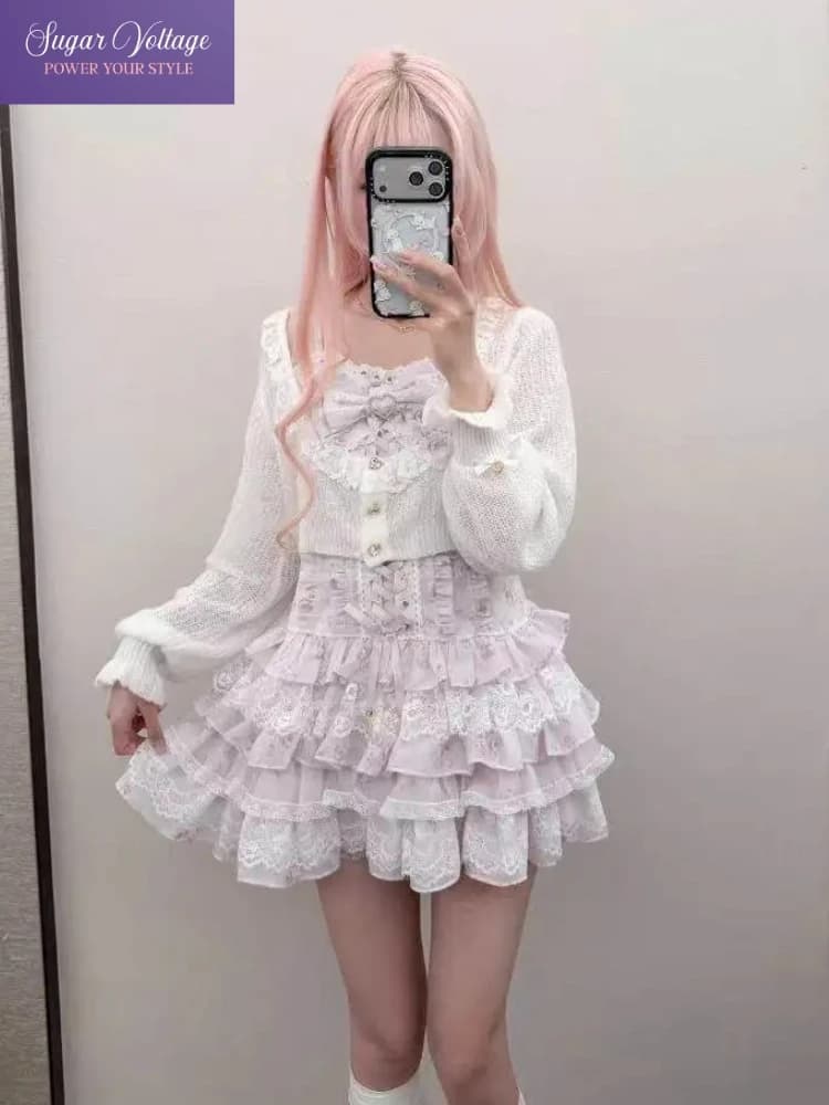 Japanese Sweet Lolita 2 Pieces Set Women Bow Lace Trim Cami Dress + Cardigan Slim Kawaii Party Birthday Elegant Fashion Outfit
