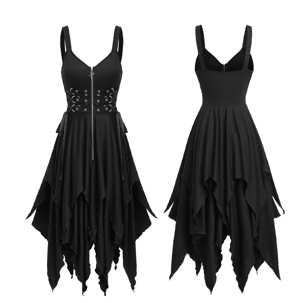 Black Gothic Handkerchief Dresses Summer Lace up Zipper Grommets Style Elegant Dark Romantic Asymmetrical Dress for Women S-3XL
