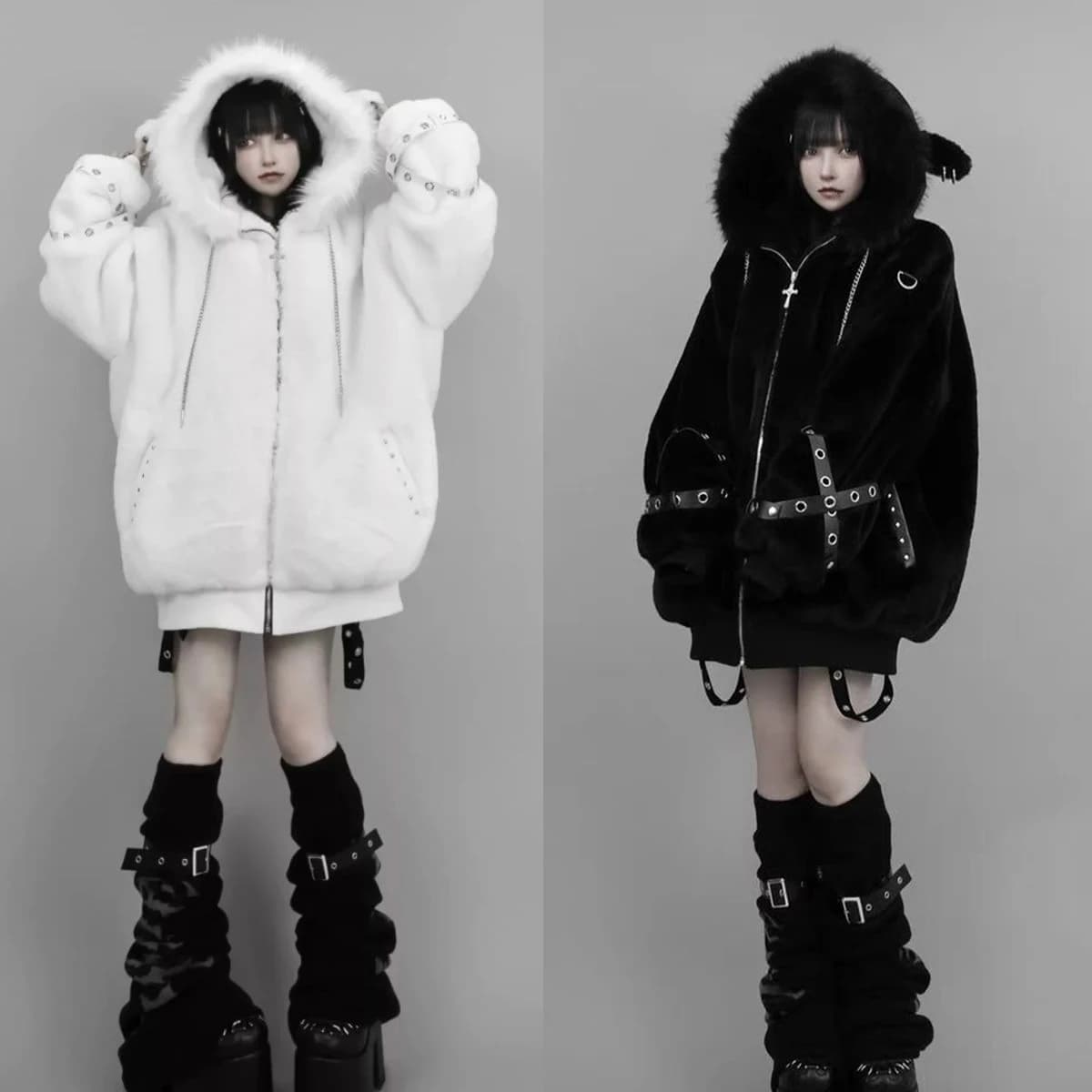 Vintage Punk Style Hoodie Long Sleeve Faux Fur Women Casual Zipper Hooded Gothic Y2K Subculture Harajuku Sweatshirts Autumn