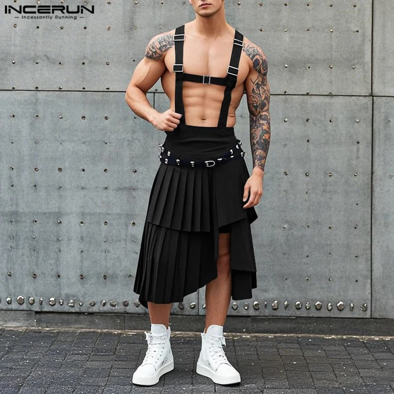 INCERUN Summer Spring Men Casual Pants Irregular Pleated Skirts Long Pants Casual Streetwear Male Wide Leg Pantalons Bottoms