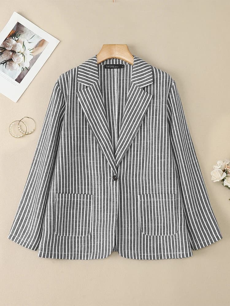 2025 ZANZEA Office Women Blazer Autumn Striped Coats Jackets Casual Long Sleeve Button Down Thin Outwear Female OL Work Suits