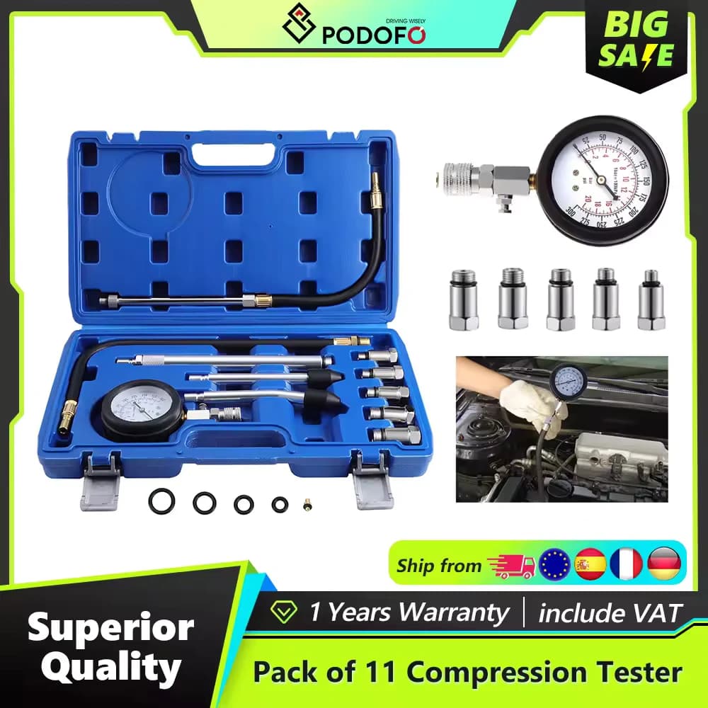 Podofo 11pcs Car Compression Tester Petrol Cylinder Compression Meter Motorcycle Compression Tester for Petrol Engines